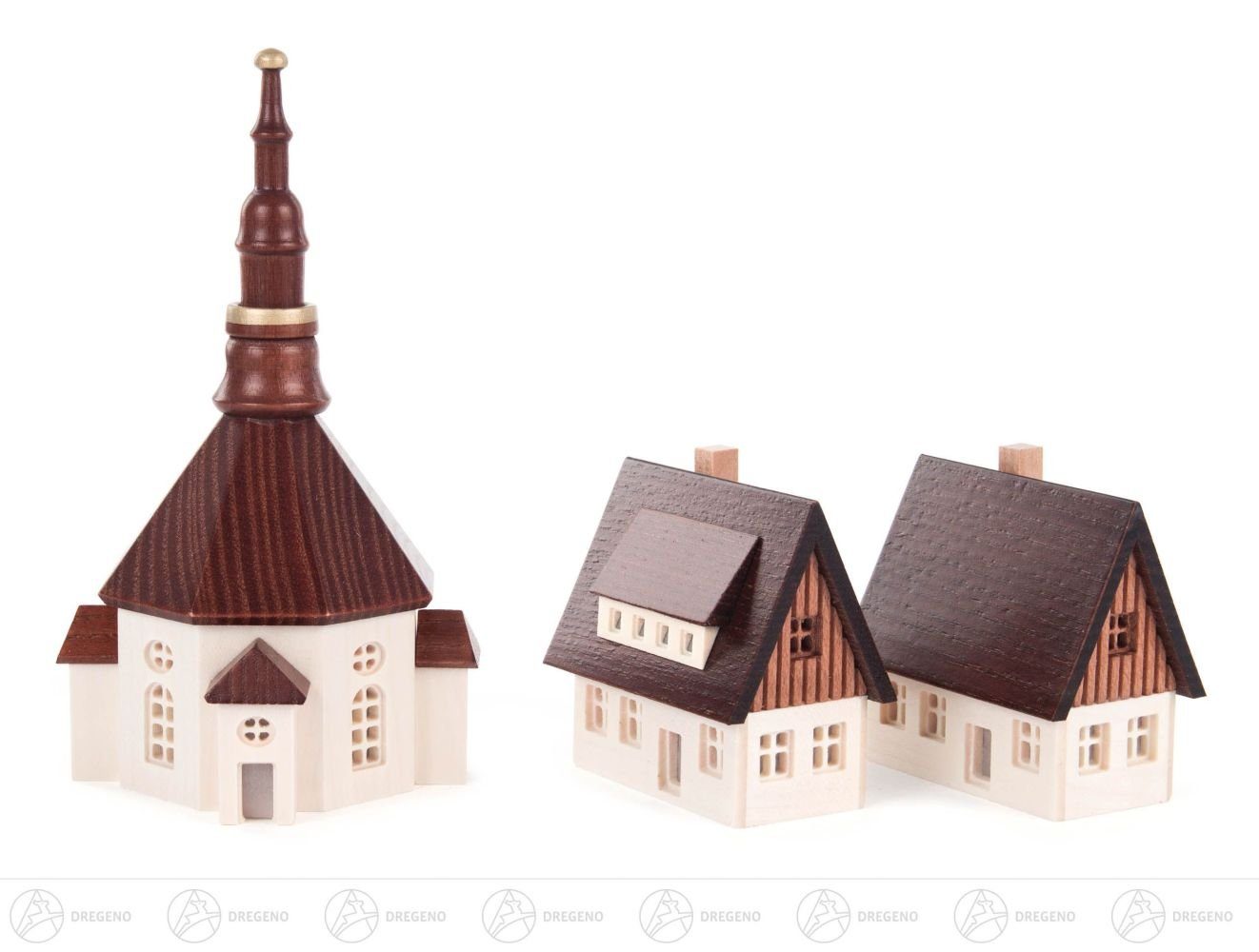 Dregeno Erzgebirge Weihnachtsfigur Miniatur Seiffener Kirche und 2 Häuser mit ausgefrästen Fenstern, kl, Miniatur Seiffener Kirche Häuser