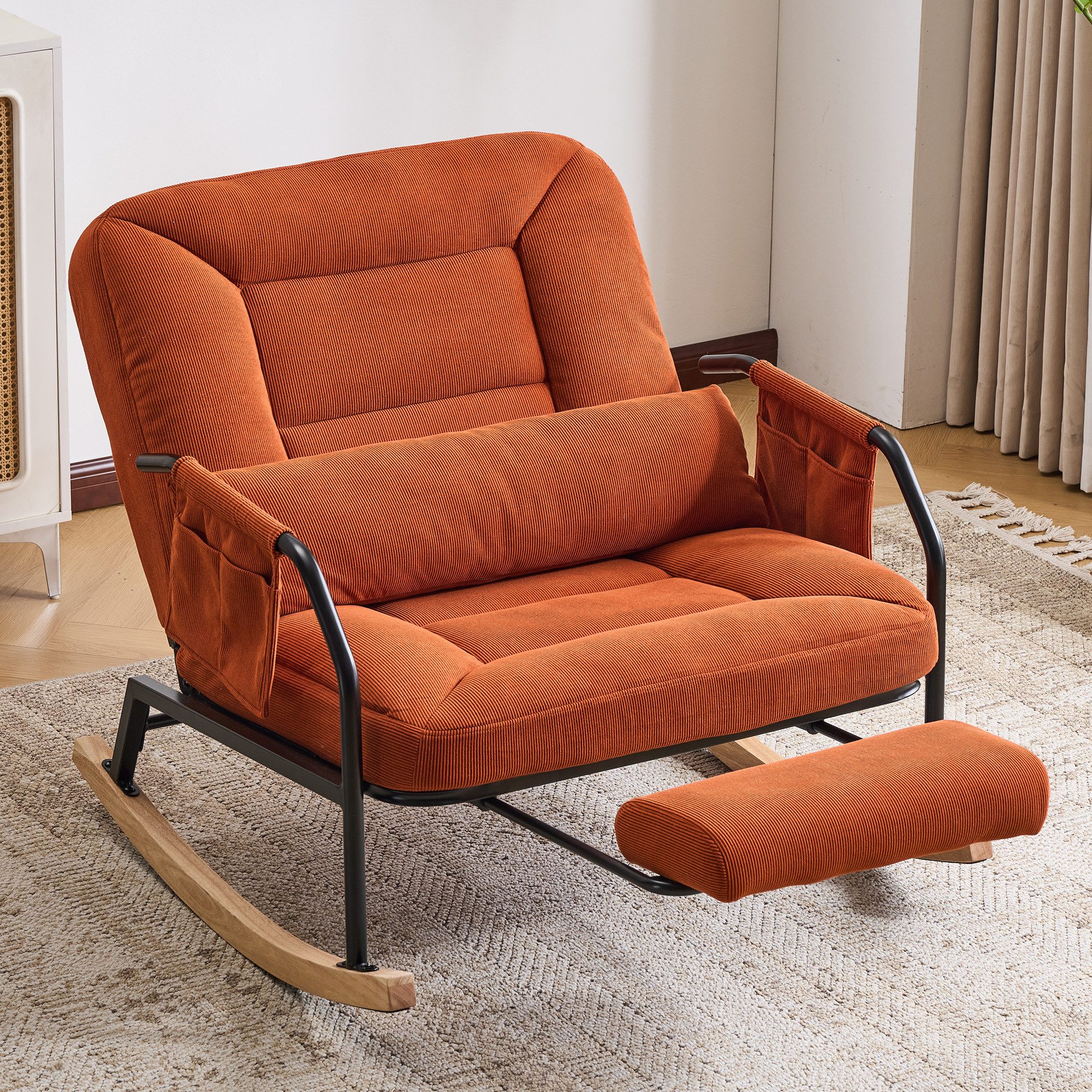 Leawin Schaukelstuhl Wohnzimmer mit Hocker & gepolstertem Kissen Cord, Großer Relax Schaukelstuhl mit Liegefunktion Cord