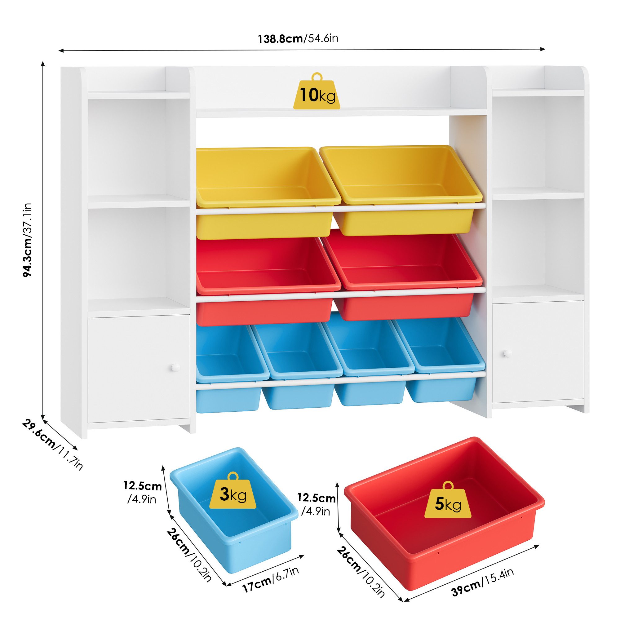 Homfa Spielzeugtruhe, Kinderregal Bücherregal Spiegelregal mit 8 Boxen weiß 138x29x94 cm