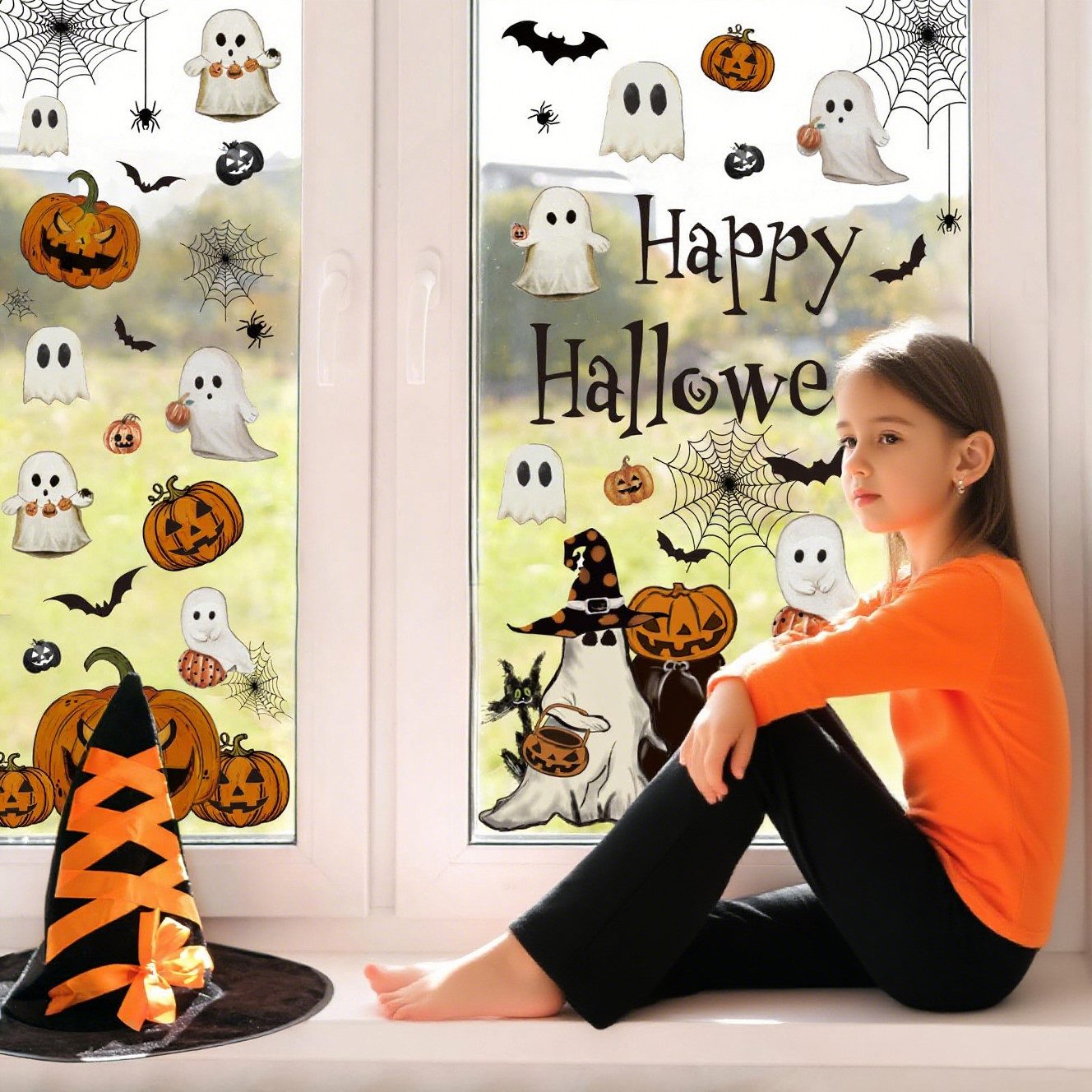 CLTYQ Fensterbild 6 Blatt Halloween Fensteraufkleber wiederverwendbare Fensterbilder, Vintage Geist, Böser Kürbis, Fledermaus, Glasdeko für Zuhause – Bild 3 von 5