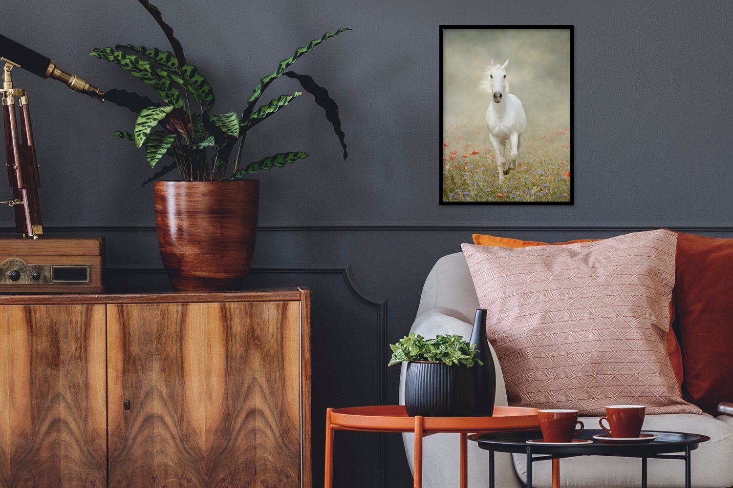 MuchoWow Poster Pferd - Stoff - Blumen, (1 St), Bilderrahmen, Poster mit Rahmen, Wohnzimmer Deko, 30x40 cm