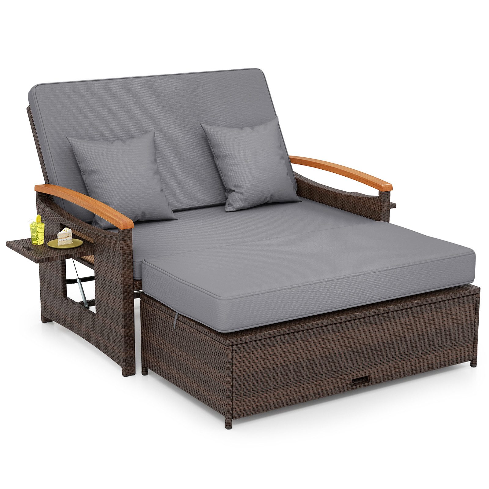 KOMFOTTEU Gartenliege 3 in1 Rattan Sofabett Doppelliege, mit ausziehbarer Seitenablage & Hocker