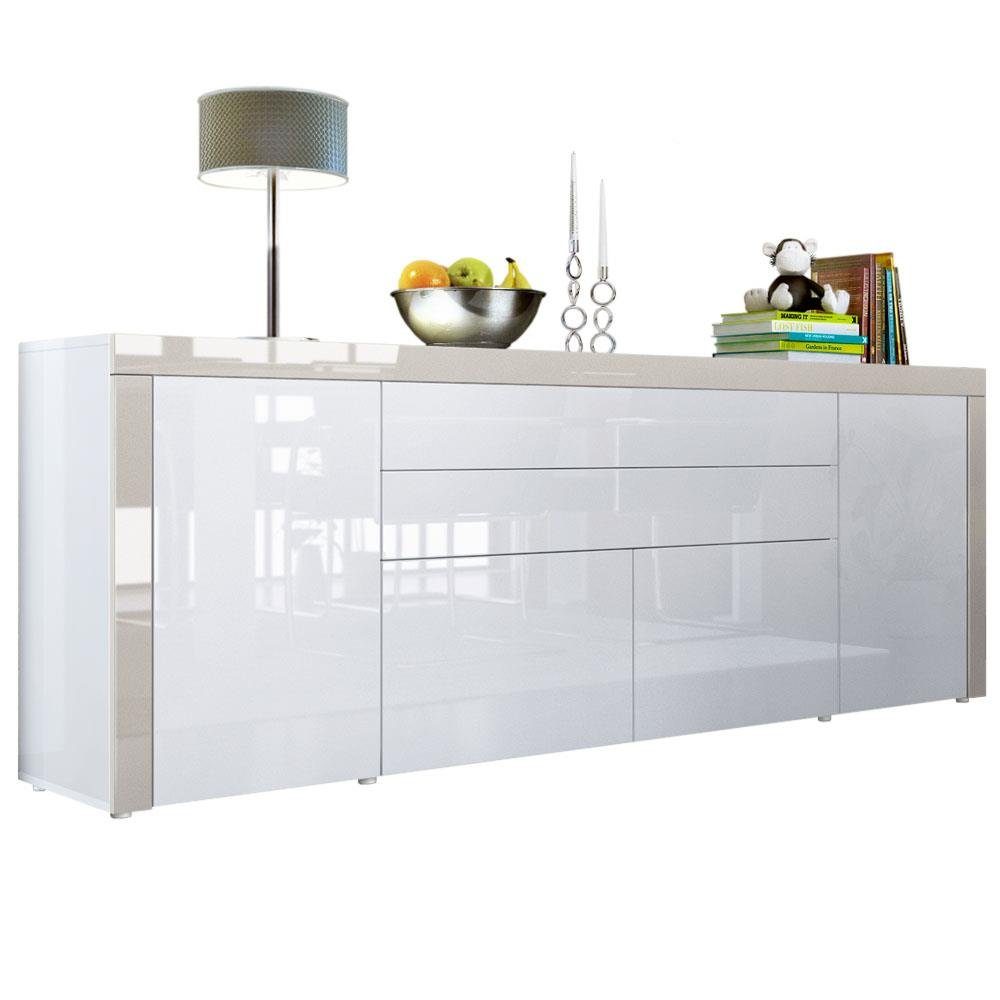 Vladon Sideboard La Paz V2 (Kommode, mit 2 Türen, 2 Schubkästen und 2 Klappen), Weiß Hochglanz/Sandgrau Hochglanz (200 x 72 x 35 cm)
