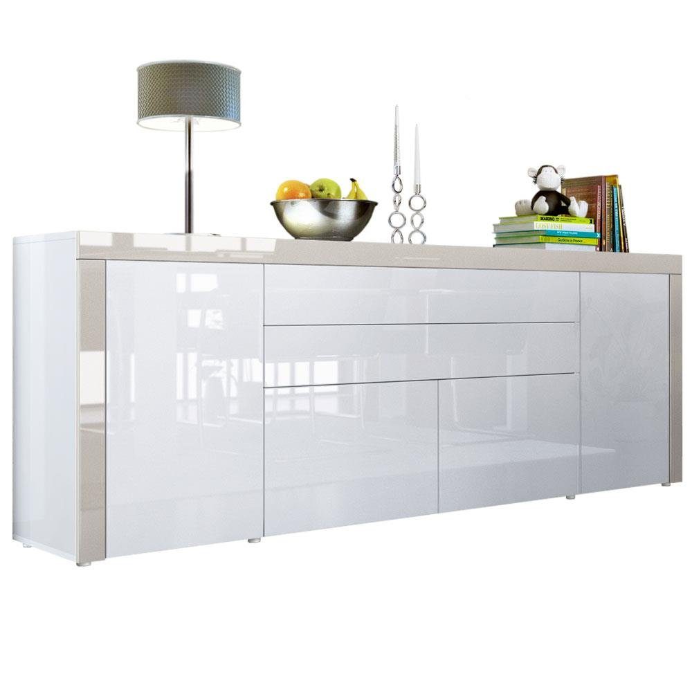 Vladon Sideboard La Paz (Kommode, mit 2 Türen, 2 Schubkästen und 2 Klappen), Weiß Hochglanz/Sandgrau Hochglanz (200 x 72 x 35 cm)