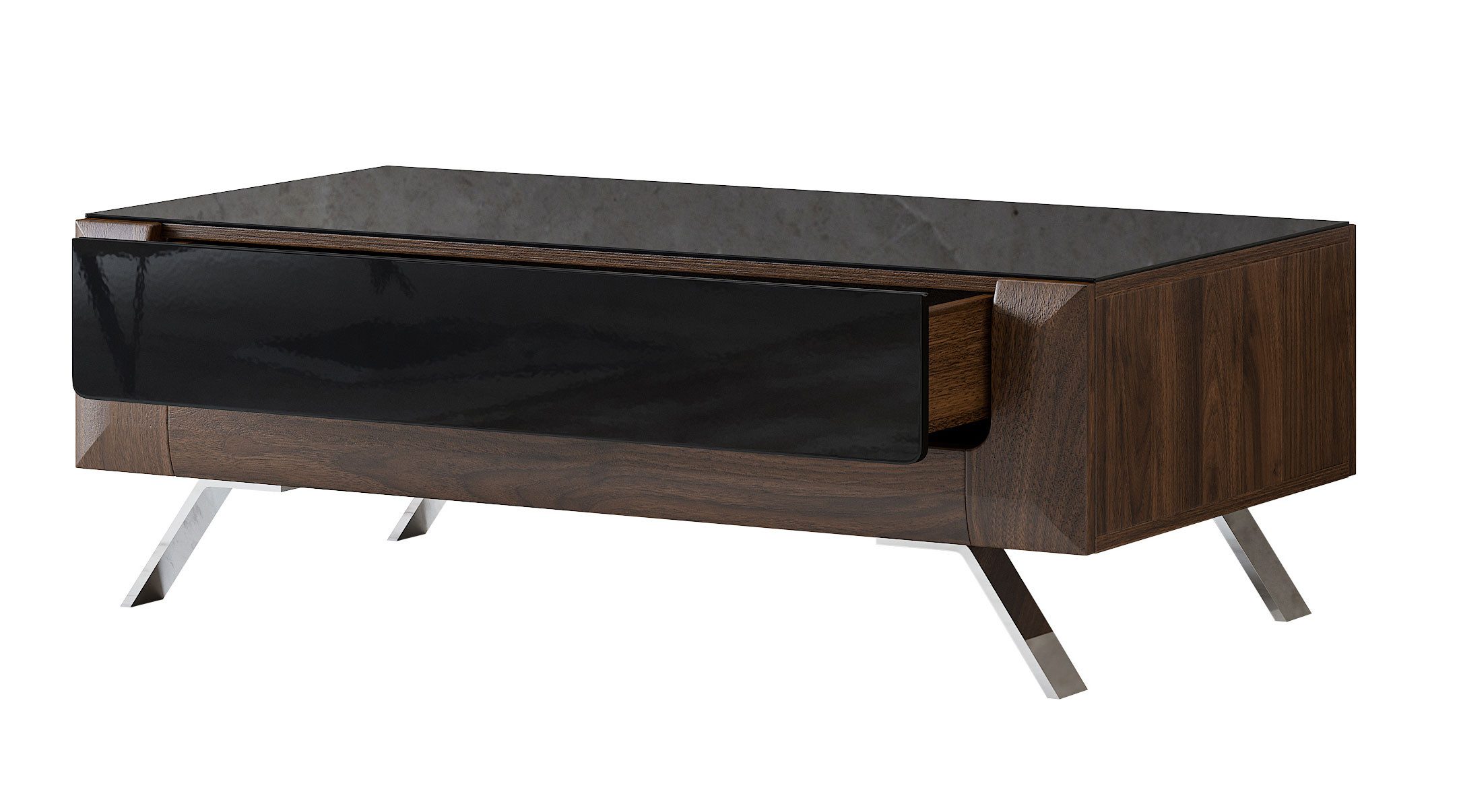 Helvetia Couchtisch Kleve (mit Schublade, Tischplatte aus Glas, 1-St., moderne Optik, mit Schublade, Tischplatte aus Glas), 110x65x45cm Columbia Walnuss / schwarz Hochglanz