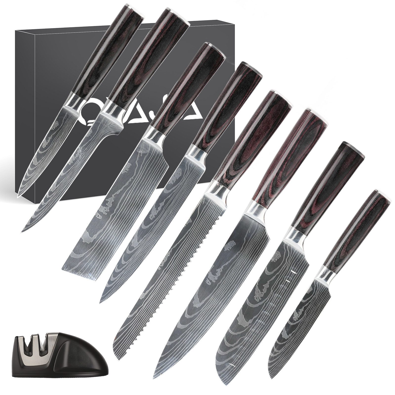 oyajia Messer-Set 8 Stücke Kochmesser,Universalmesser Küchenmesser Scharfe aus Edelstahl (8-tlg., Damast-Design, Rostfreies und scharfes Messer,Ergonomischer Griff), Ideal für die Küche zu Hause und im Restaurant