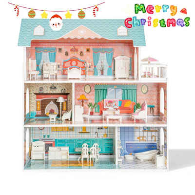 BlingBin Puppenhaus Hölzernes Puppenhaus-Spielset mit Möbeln und Zubehör, (1er Set, 1-tlg., Puppenhaus mit 25 Plastikmöbeln), echtes Traumspielzeughaus, tolles Geschenk für Mädchen
