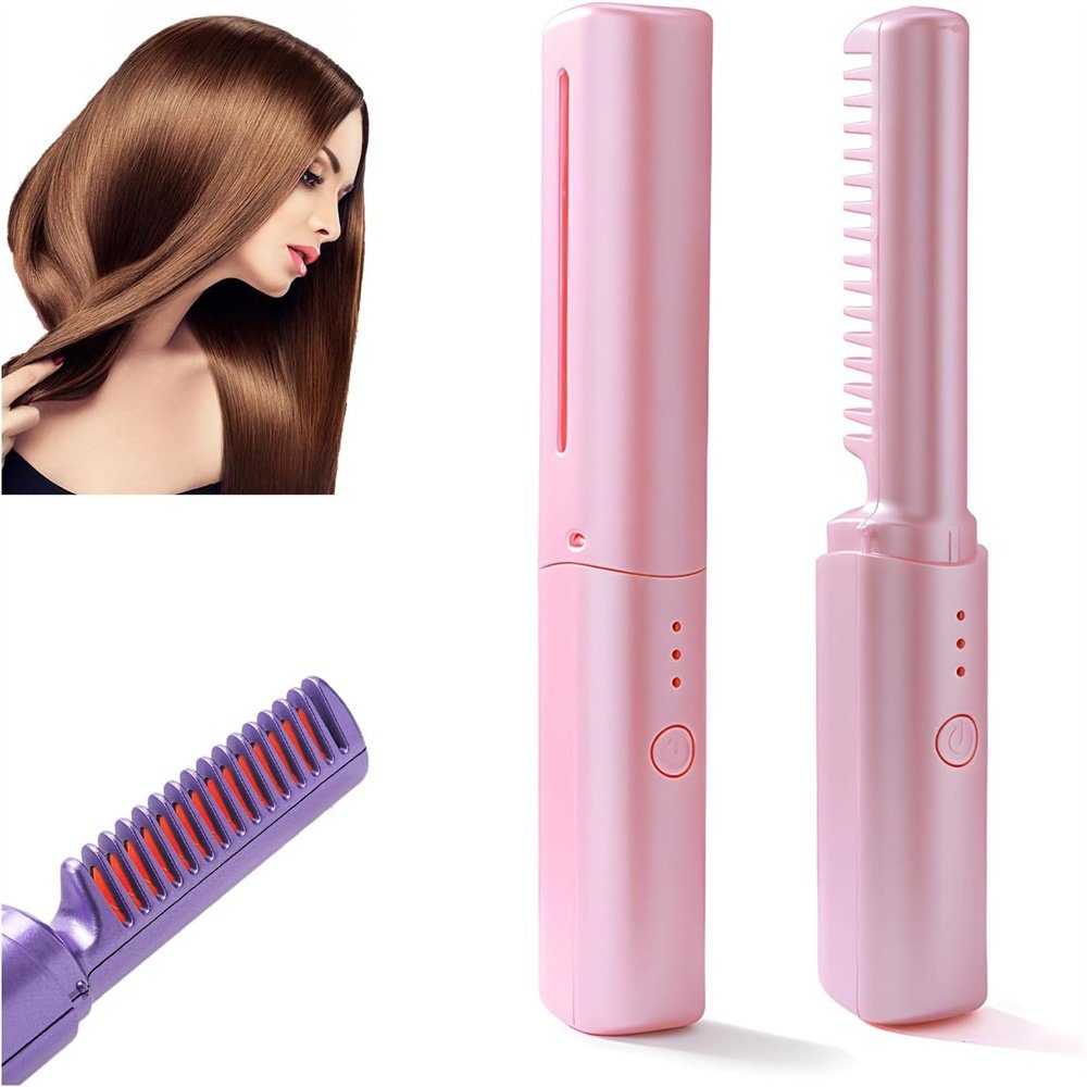 TUABUR Haarspange Mini-Haarglätter mit Ionen – tragbare Glättungsbürste für unterwegs pink