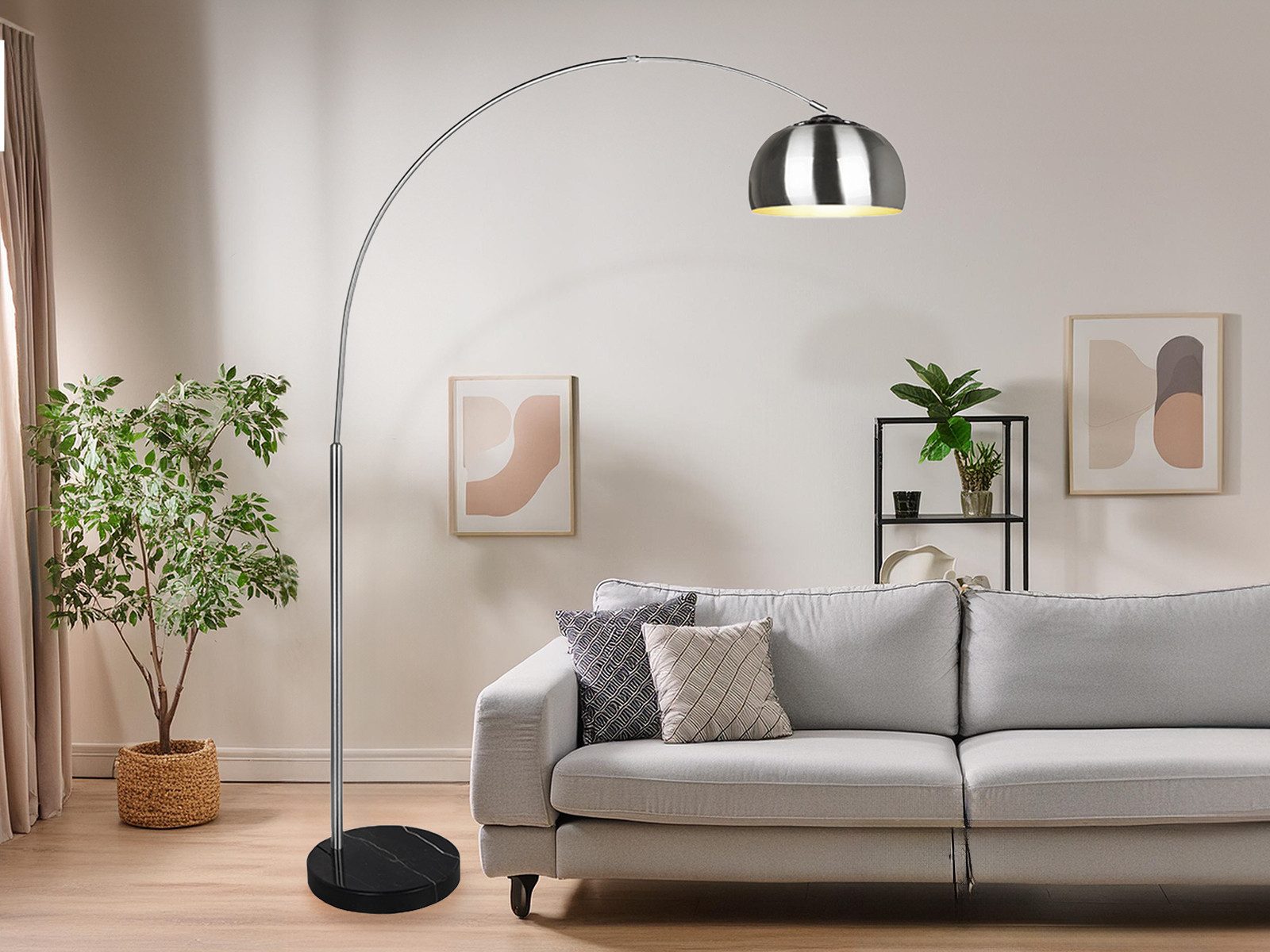 TRIO Leuchten LED Bogenlampe, Dimmfunktion, LED wechselbar, Warmweiß, große Ausladung, XXL Bogen-stehlampe silber gebogen dimmbar Höhe 200cm