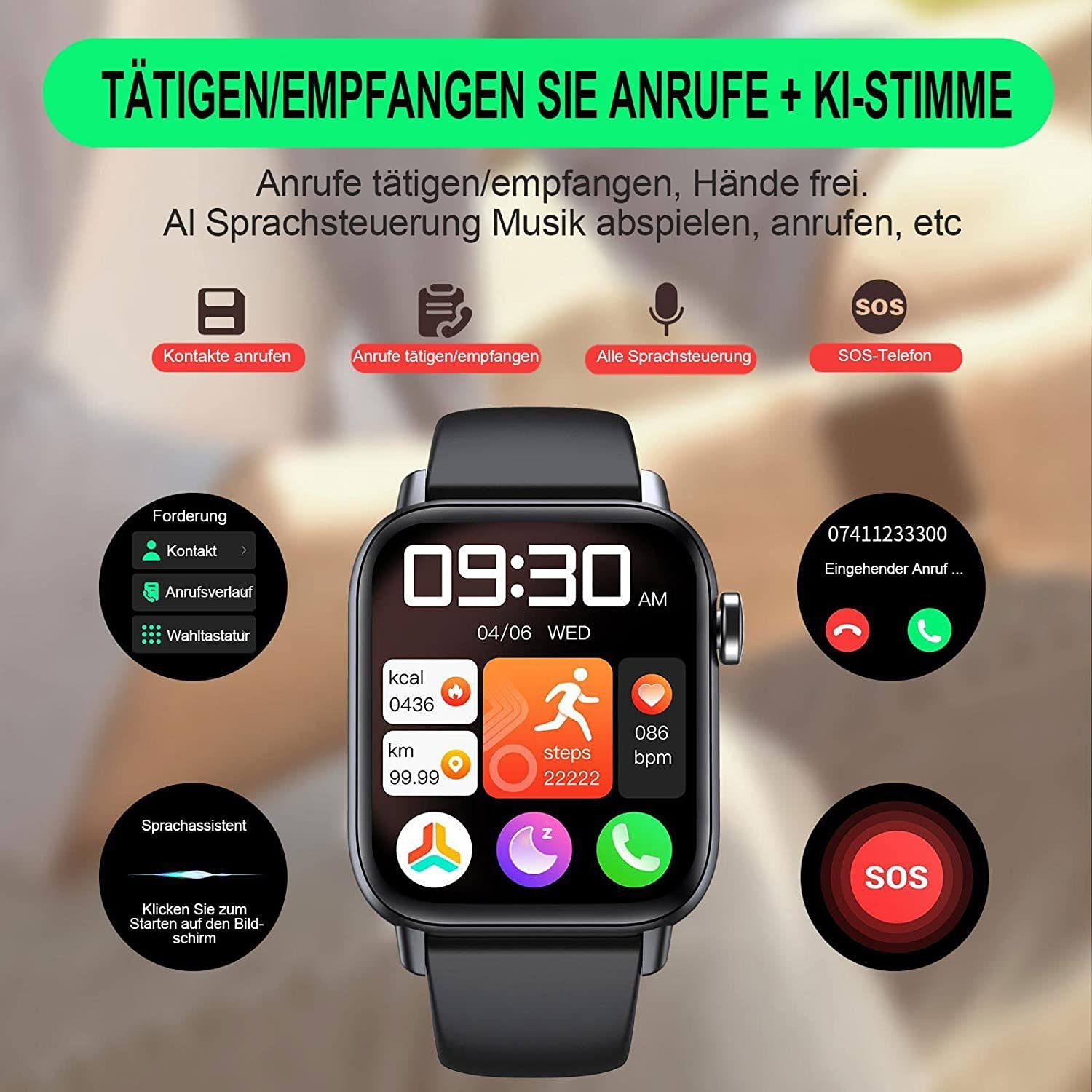 Manike QS108 von Touchscreen mit Spar Voll Blutdruckmessgerät mit - (4,3 Zoll) deutscher cm/1,69'' EKG-Daten, Smartwatch set, Analyse Ladekabel, Bedienungsanleitung HD Smartwatch Herzfrequenzmesser