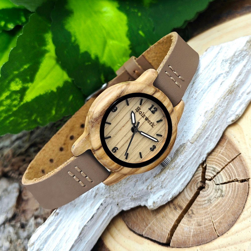 Holzwerk Quarzuhr kleine moderne Damen Holz & Leder Armband Uhr CLARA, Holz Unikate, Hochwertiges Quarzwerk, ideal auch als Geschenk