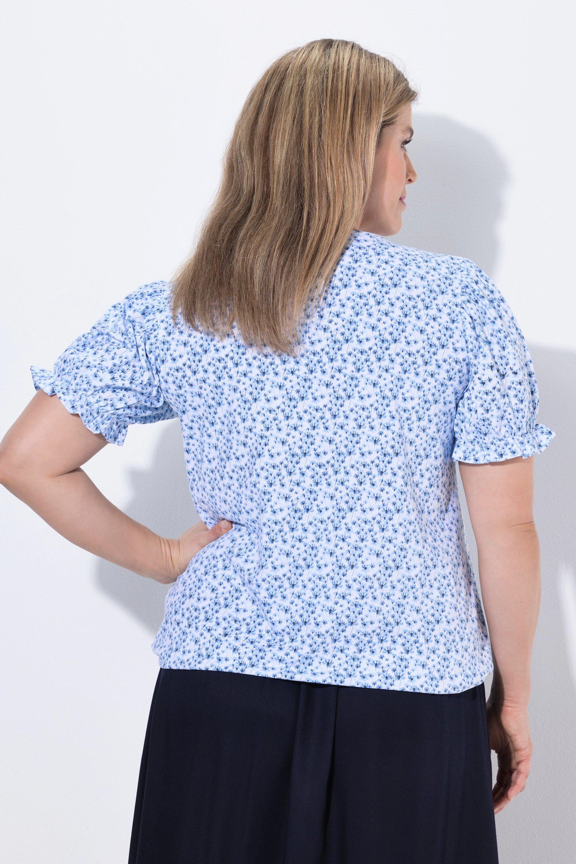 Ulla Popken T-Shirt T-Shirt Blüten Rüschen Carré-Ausschnitt Halbarm