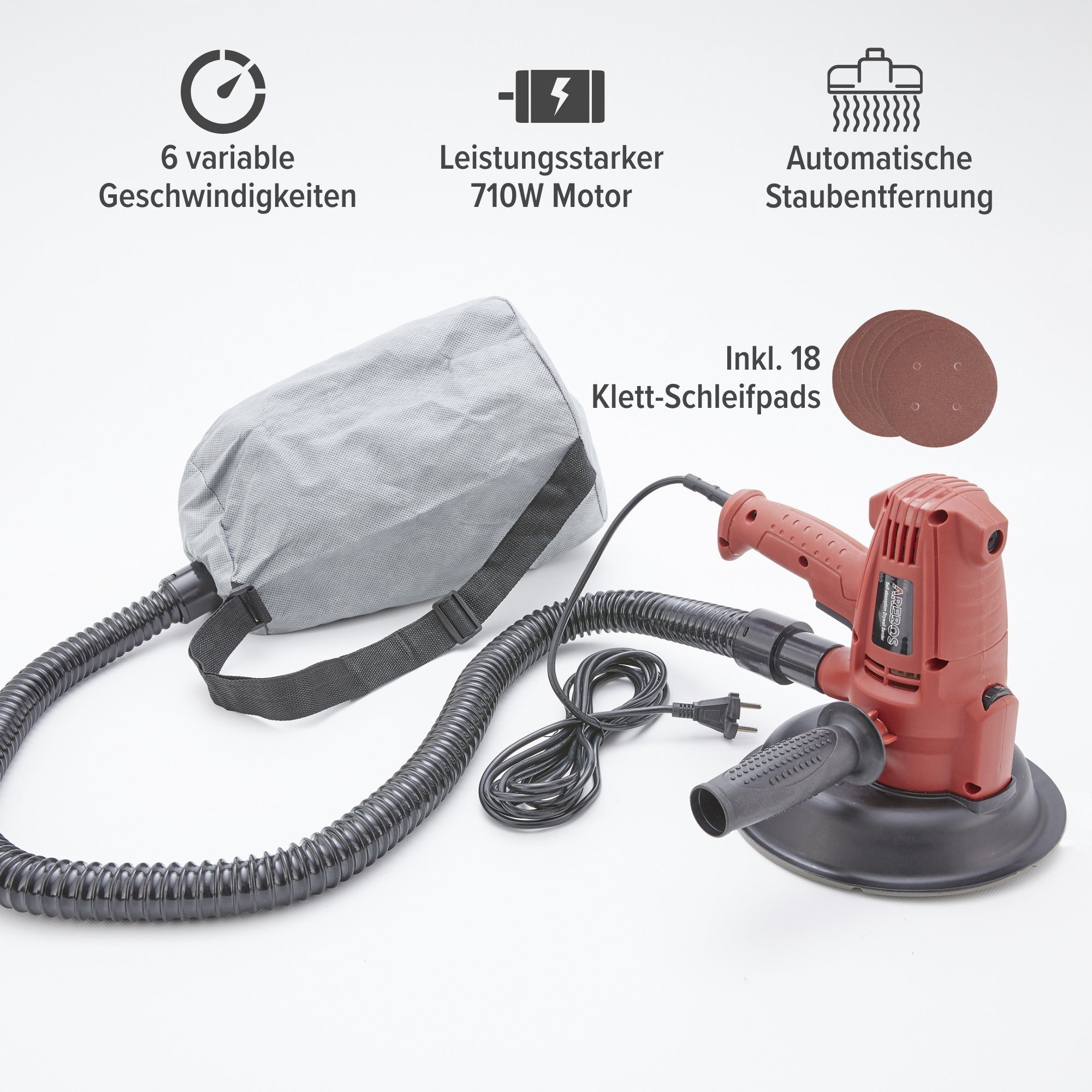 Arebos Deckenschleifer 710W, mit Absaugung, 18x Schleifpapier, max. 1500,00 U/min, (Set)