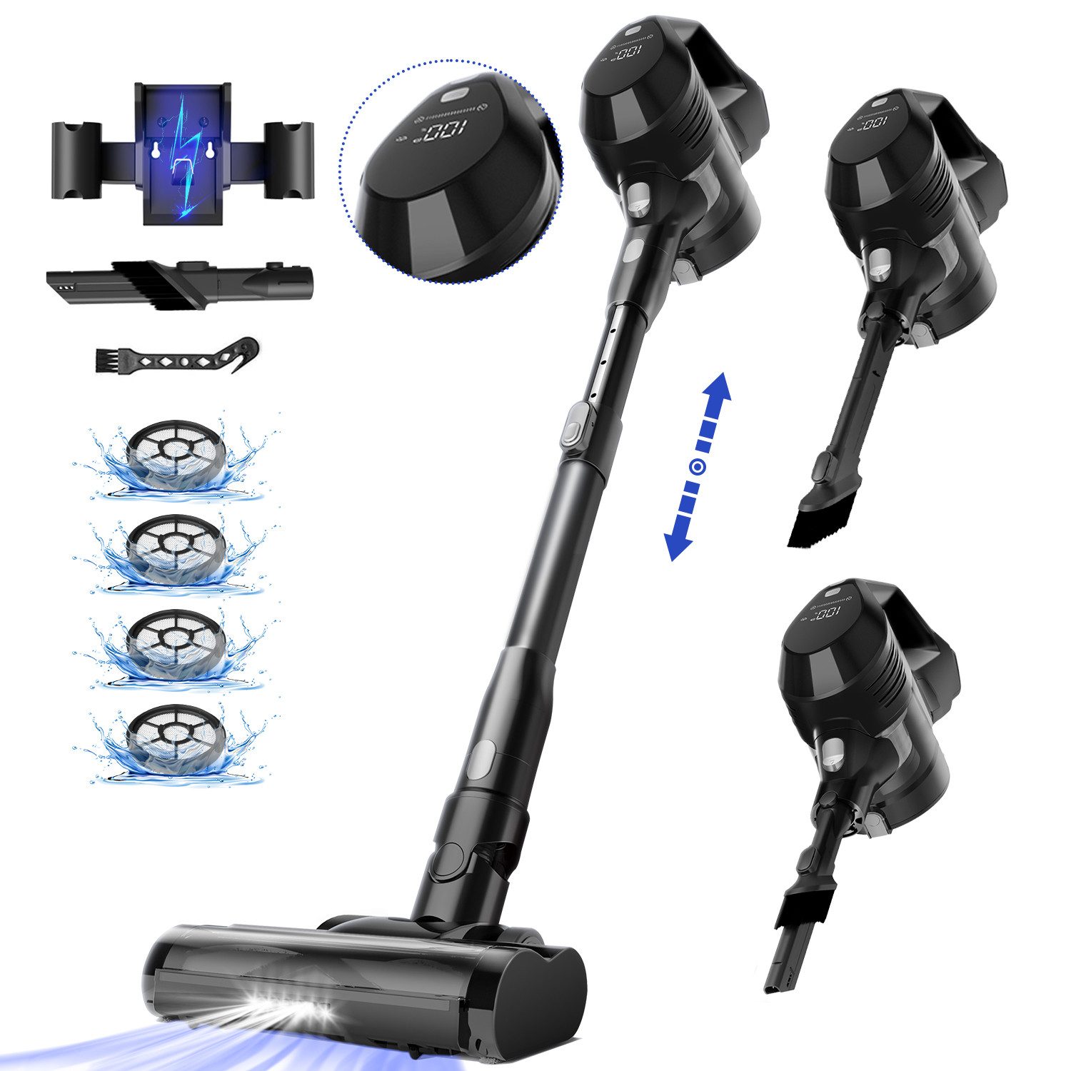 Lexzurn Akku-Hand-und Stielstaubsauger Akku Staubsauger, Staubsauger Kabellos, Staubsauger mit 4 Hepa Filter, 38000Pa, 1.6 L Staubbehälter, 50 Min,Kabelloser Staubsauger für Tierhaare,Teppich und Hartböden