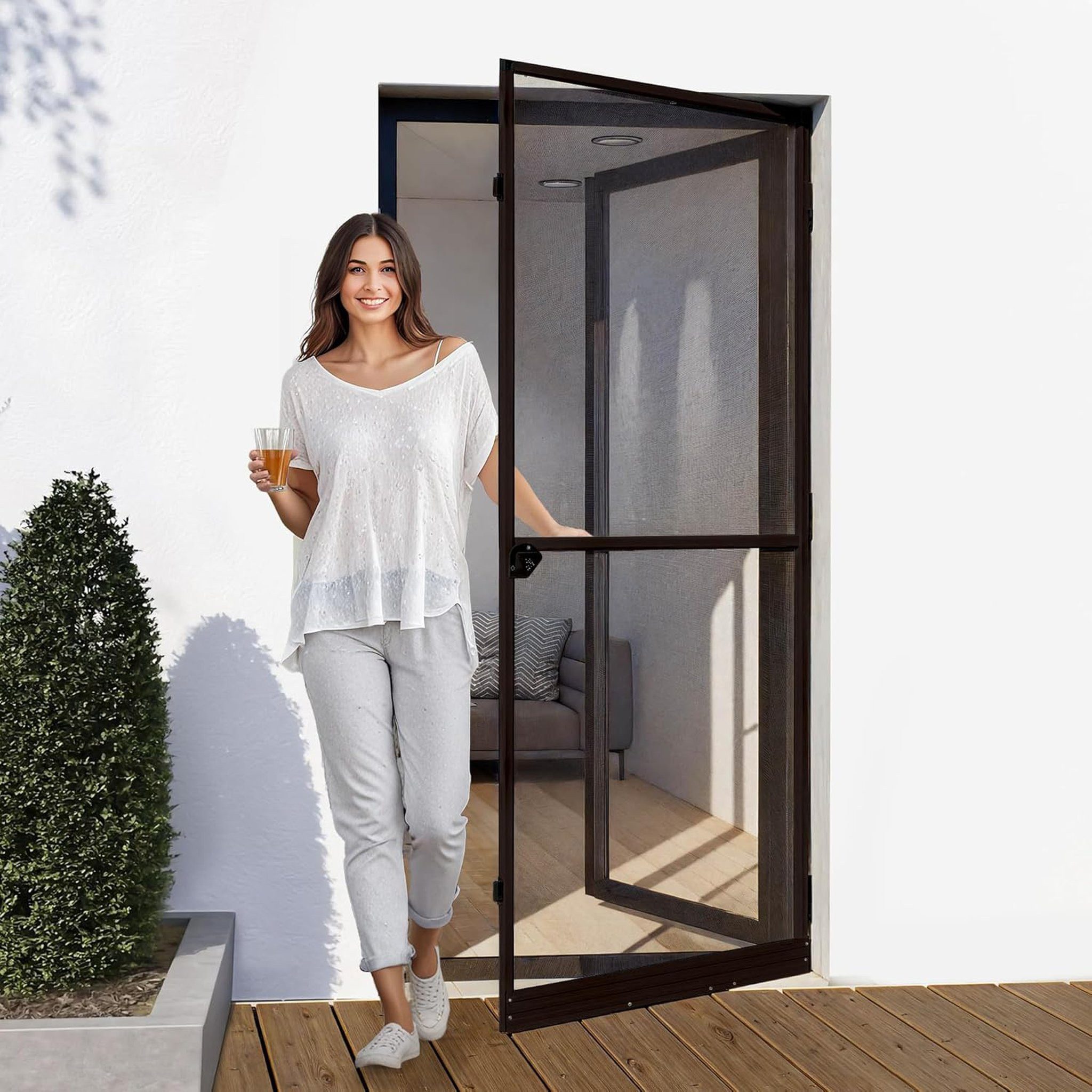 jalousiescout Insektenschutz-Tür Fliegengitter Tür Balkontür mit Rahmen 80x200 Aluminium Braun, (1-St), leichte Reinigung, nahezu freie Sicht, ProtectLine