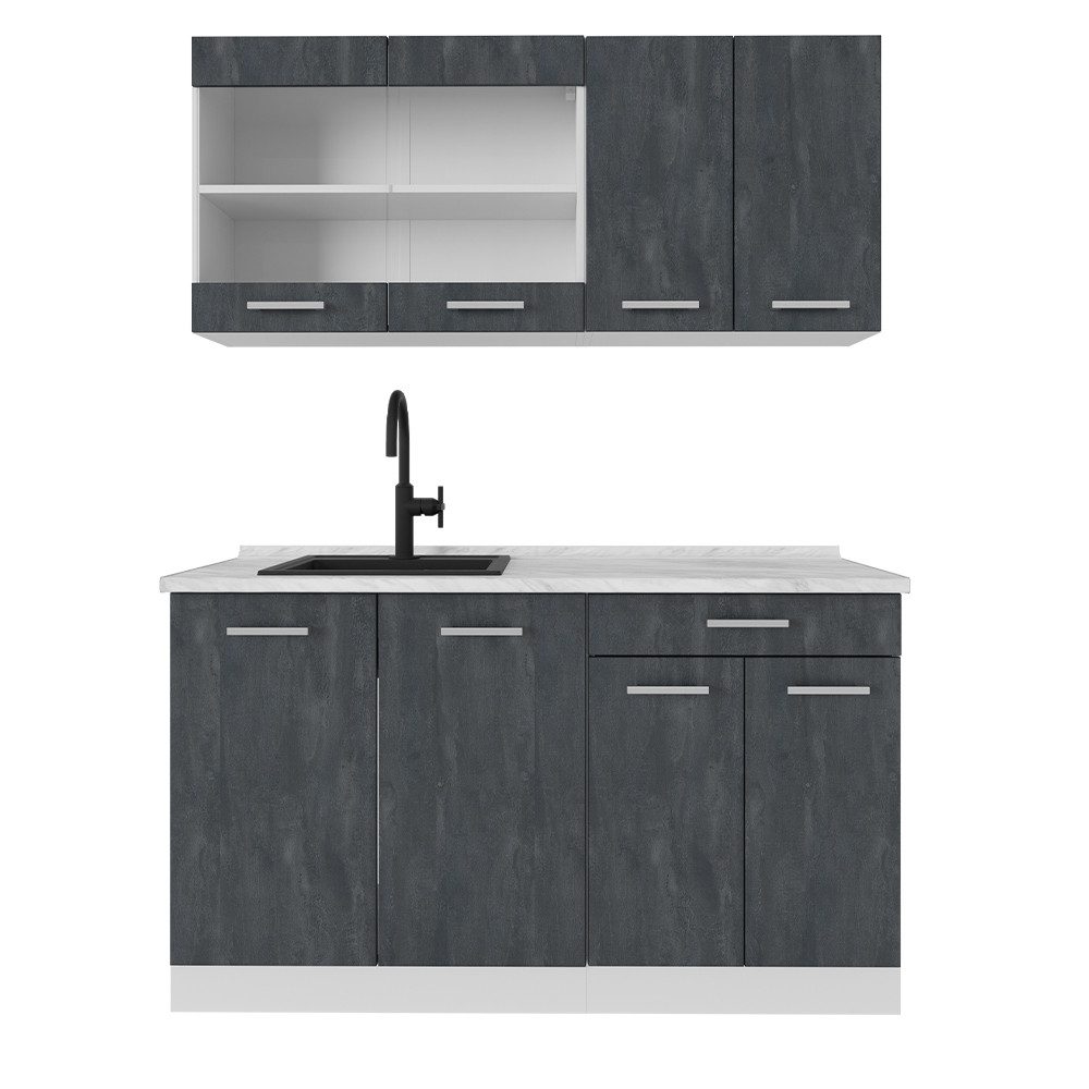 Vicco Küchenzeile R-Line, Schwarz Beton/Weiß, 140 cm AP Eiche