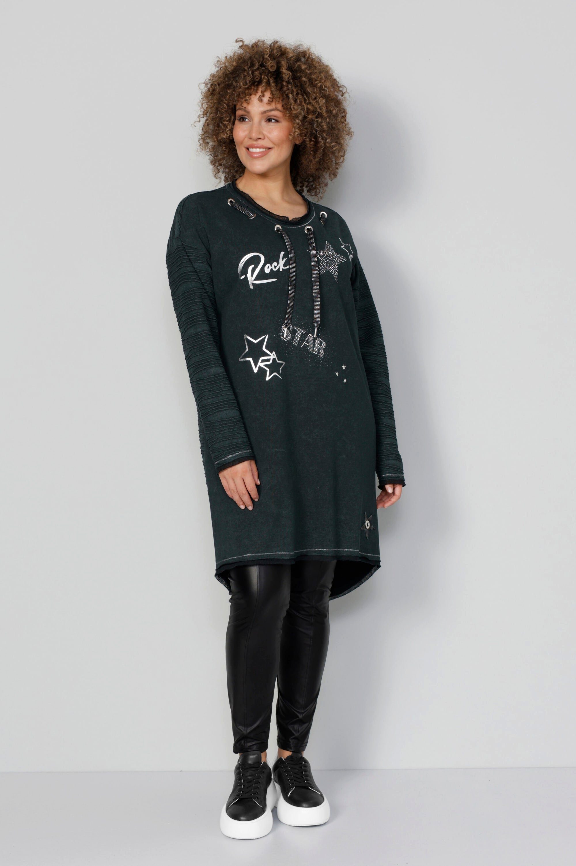 MIAMODA Sweatshirt Long-Sweater RockStar Print Rundhals mit Bindeband