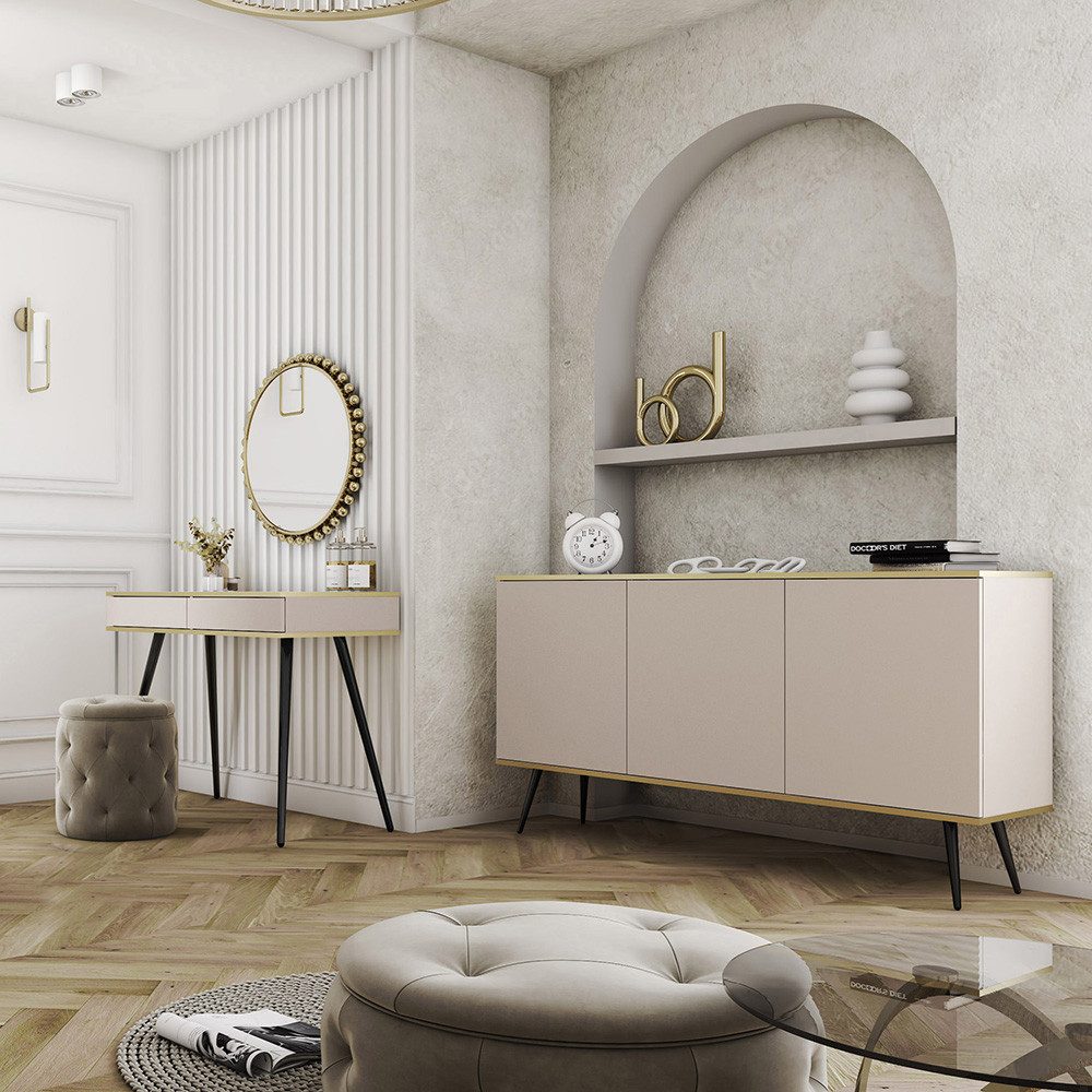 Lomadox Wohnzimmer-Set OLOVO-160, (Mega-Spar-Set, 2-St., Schminktisch), Beige, Metallbeine schwarz, Push-to-open, goldene Highlights