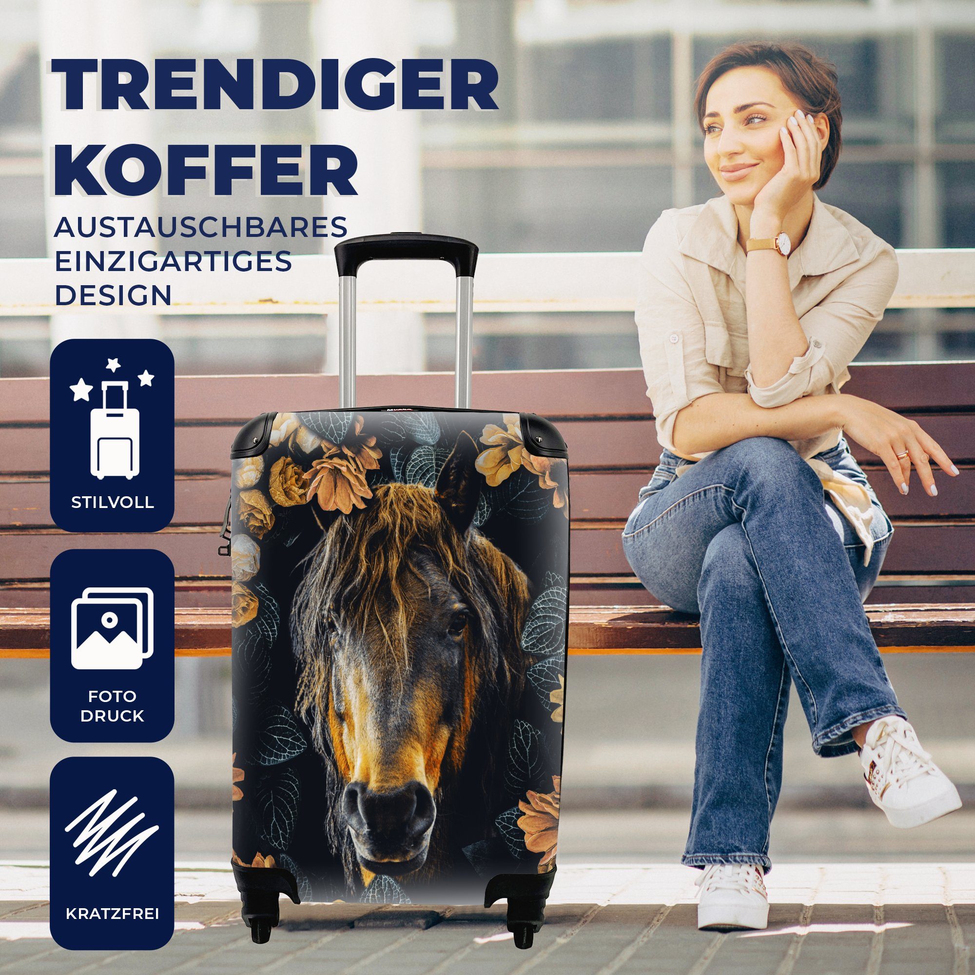 Ferien, Rollen, rollen, MuchoWow - Trolley, Blumen für Orange, Reisetasche Pferd mit 4 Handgepäckkoffer Handgepäck - Reisekoffer