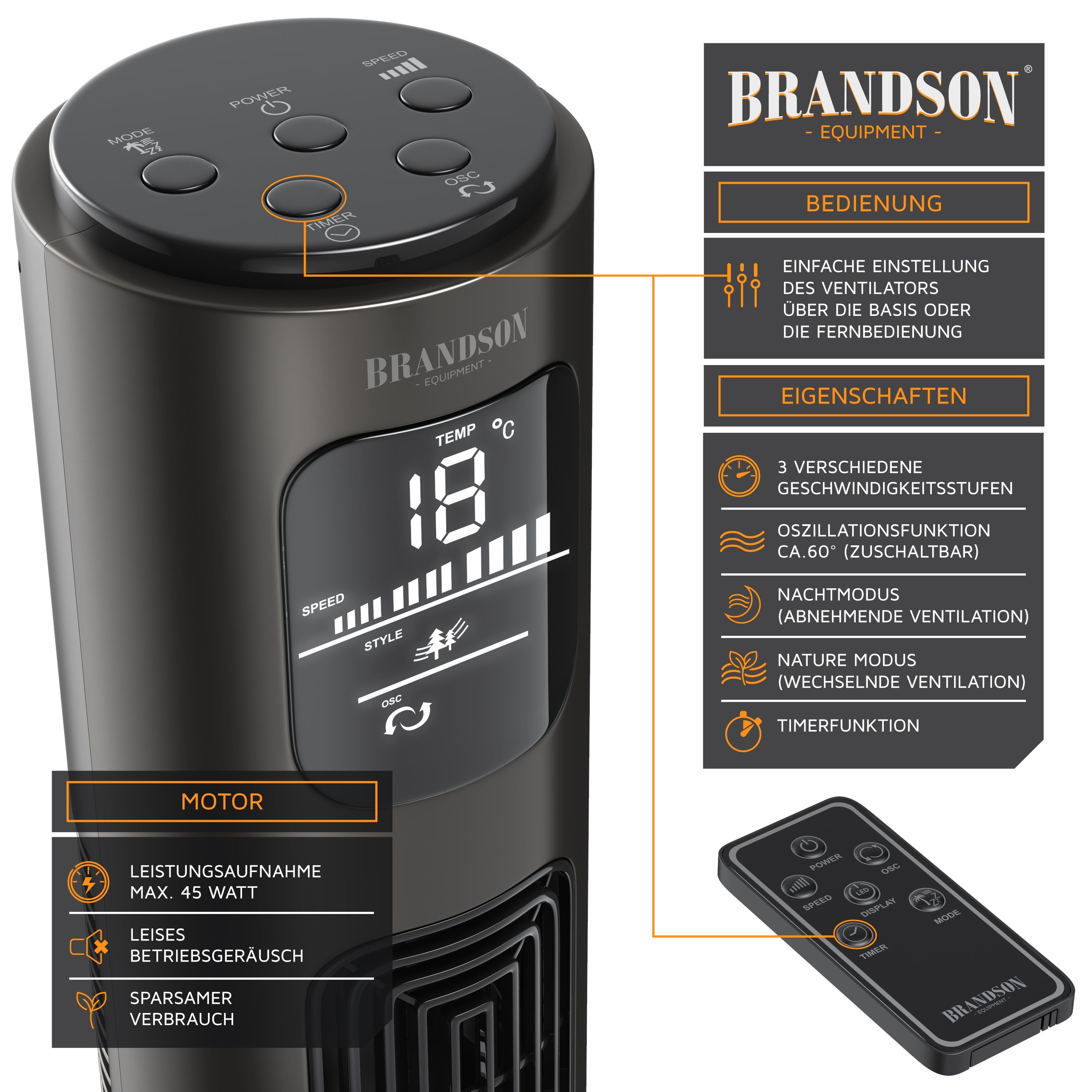 Brandson Turmventilator Oszillation 65°, Timer, Fernbedienung, Standventilator 96cm, Aschgrau, Preisträger 2025, mobiler Lüfter leise, 4 Lüftungs-Modi, GS-Geprüft