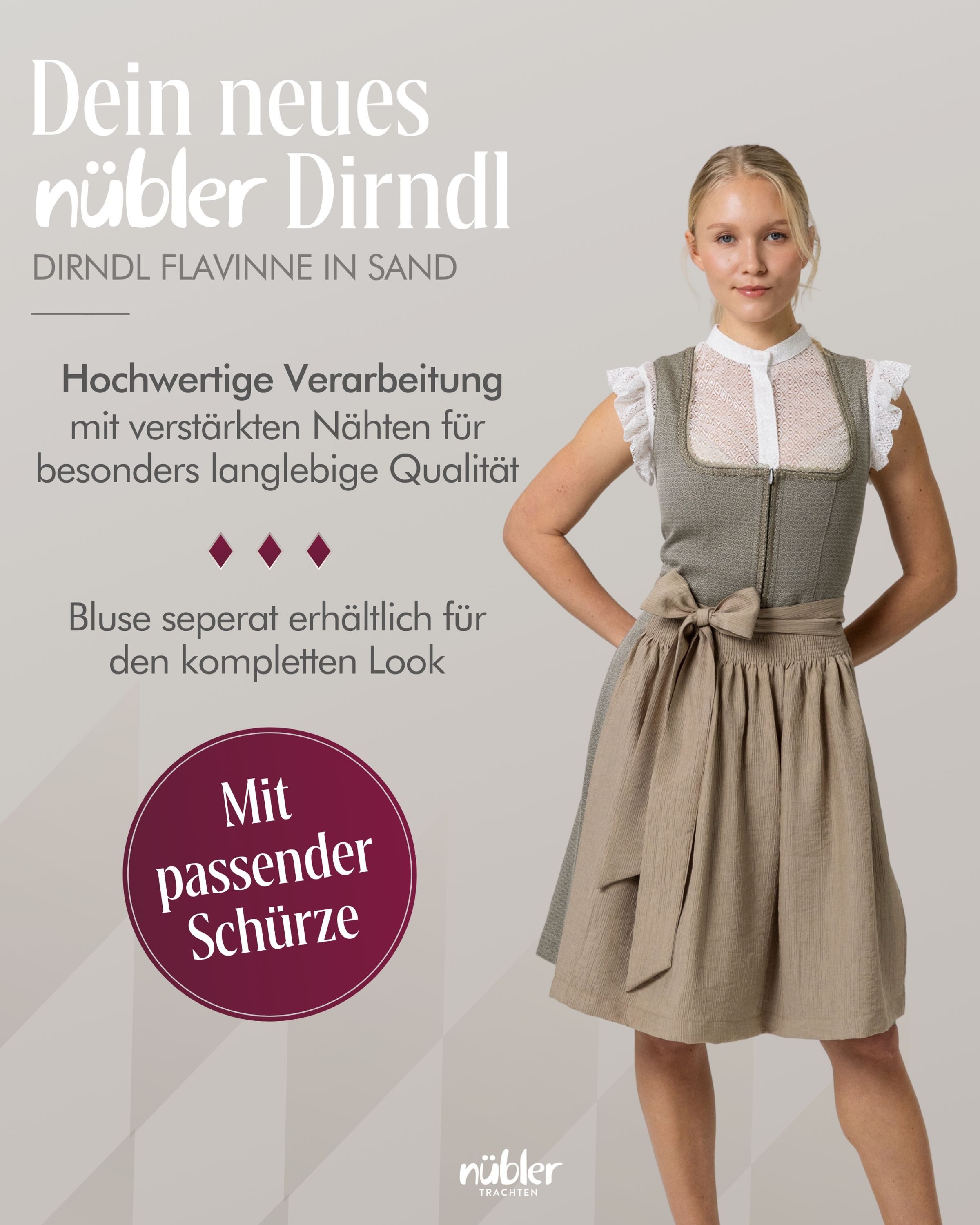 Nübler Trachtenkleid Midi Dirndl Flavienne in Sand von Nübler - Rocklänge 60 cm