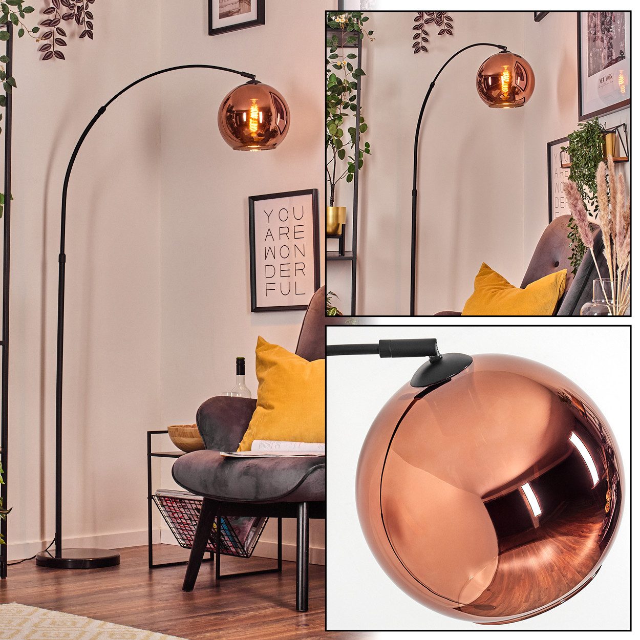 Stehlampe Stehlampe aus Metall/Glas in Schwarz/Kupferfarben mit Marmorfuß