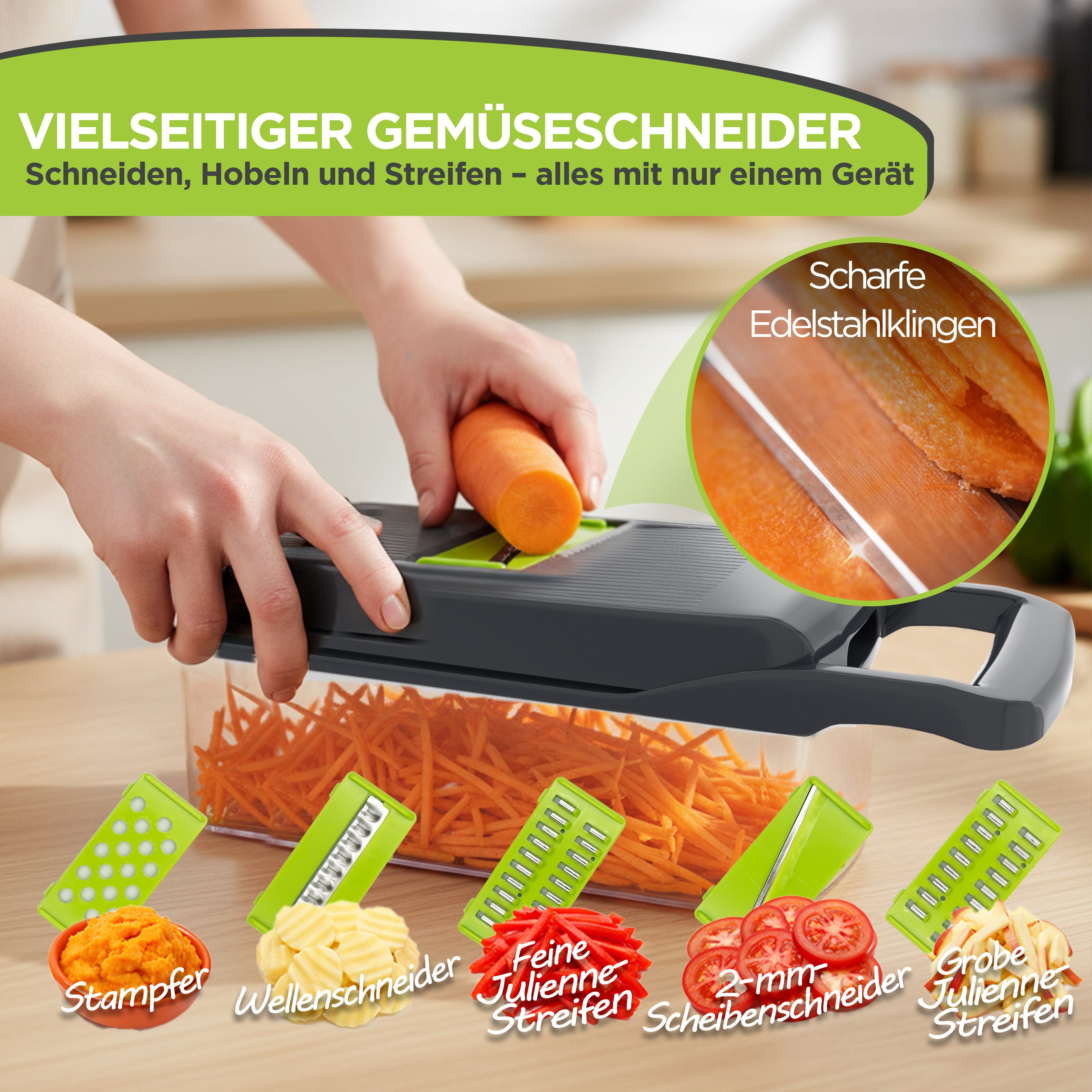 BI International Gemüsehobel Gemüseschneider 13-in-1 mit Behälter & Edelstahlklingen BPA-frei, (Spar Set, 13-St)
