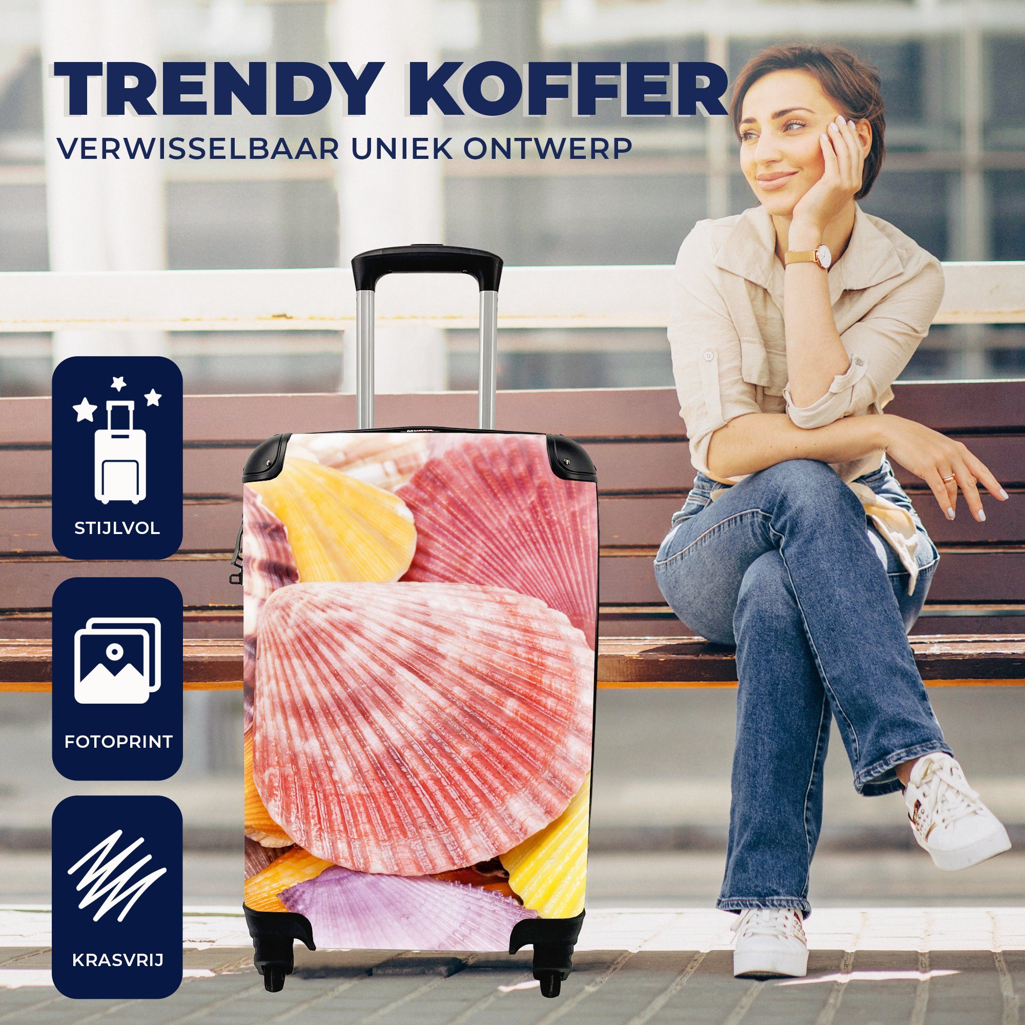 Reisetasche Reisekoffer Rollen, Trolley, Strand MuchoWow Muscheln - rollen, Rot Ferien, Gelb 4 Sommer, mit Handgepäck - Handgepäckkoffer für - -