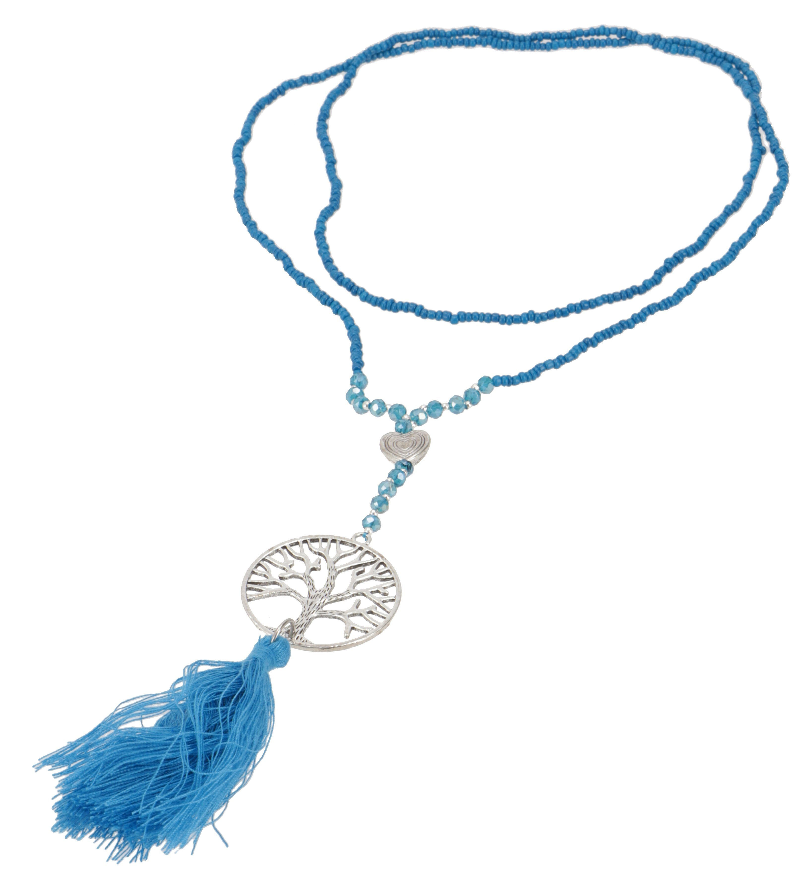 Guru-Shop Perlenkette Modeschmuck Kette - Baum des Lebens blau/silber