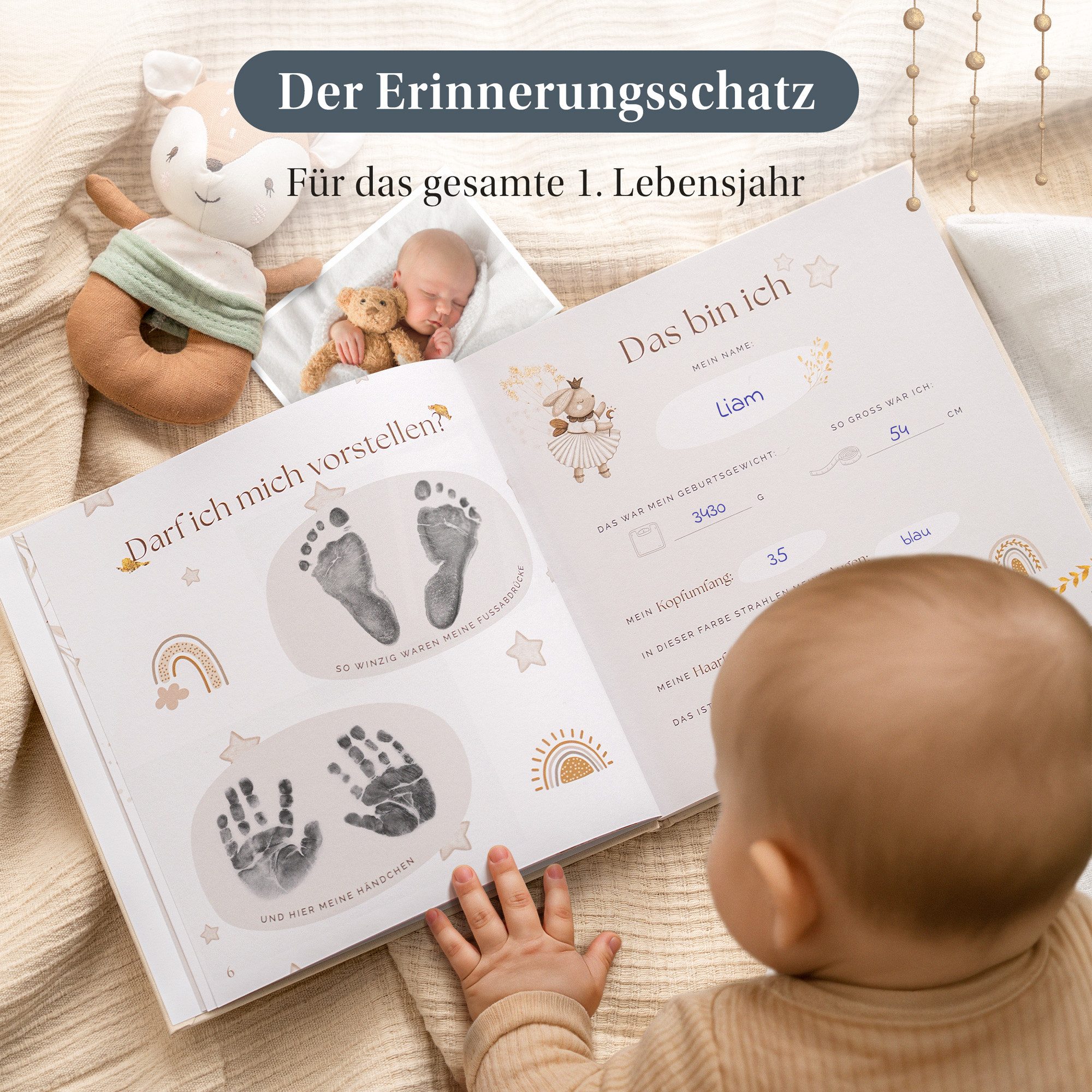 Eulentaler Tagebuch I Babyalbum mein erstes Jahr I Mit Leinen & Goldprägung, im Scandi Stil, mit handgemalte Illustrationen & allen Meilensteinen