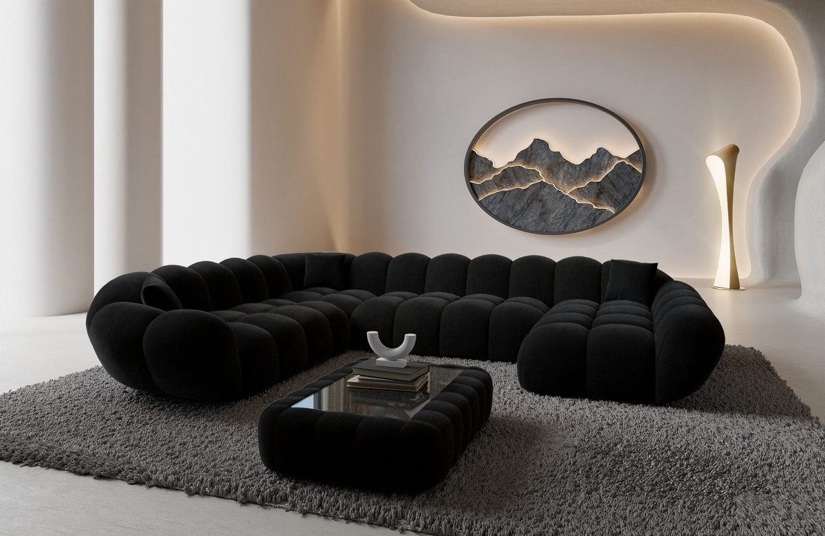 Sofa Dreams Wohnlandschaft Maleron XXL Polster Couch, Stoffsofa, 6-Sitzer, Ottomane rechts, Samtstoff in Schwarz