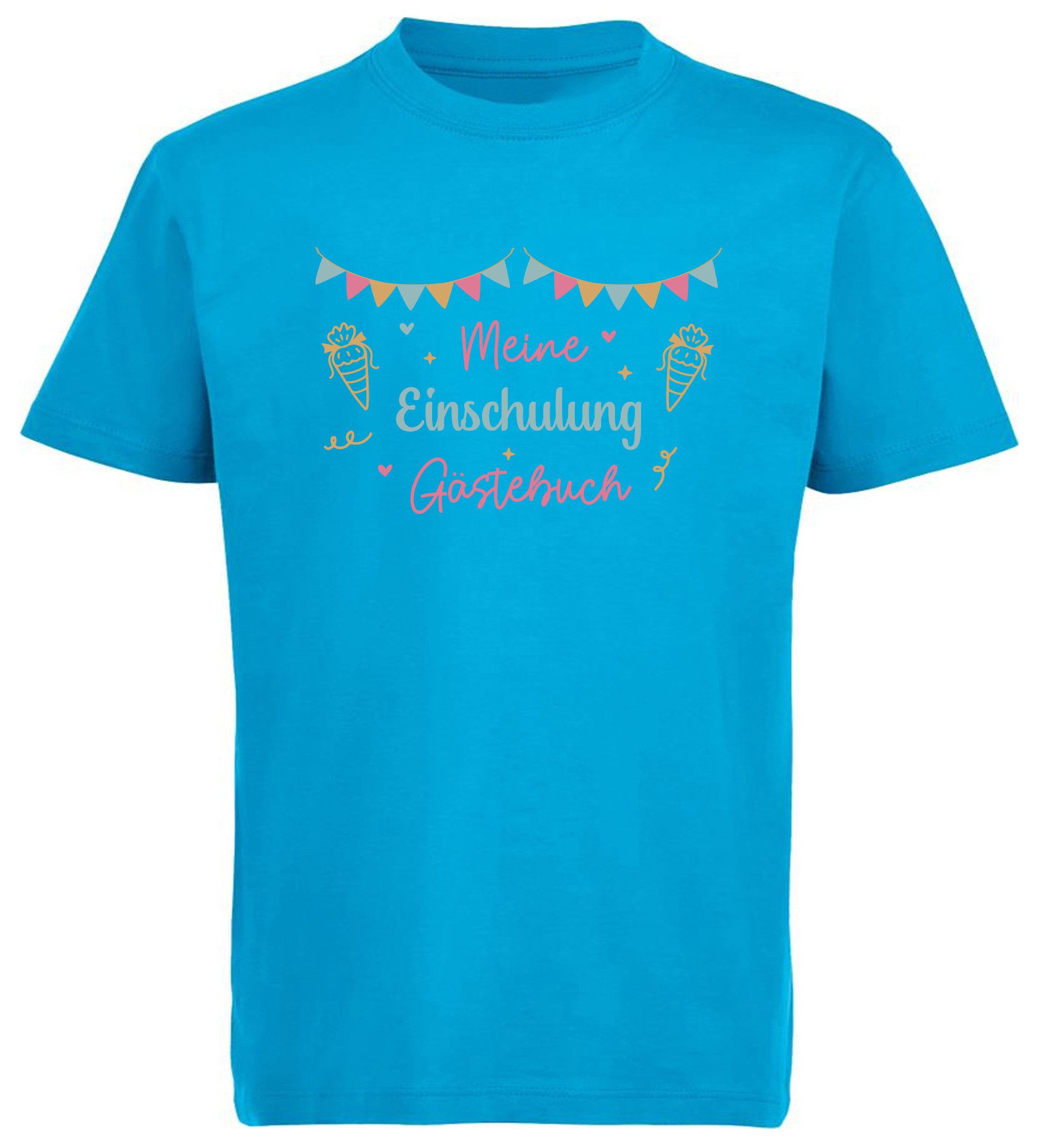 MyDesign24 T-Shirt Kinder Einschulungs T-Shirt Gästebuch aqua blau kurzarm Regular Fit print Shirt i782