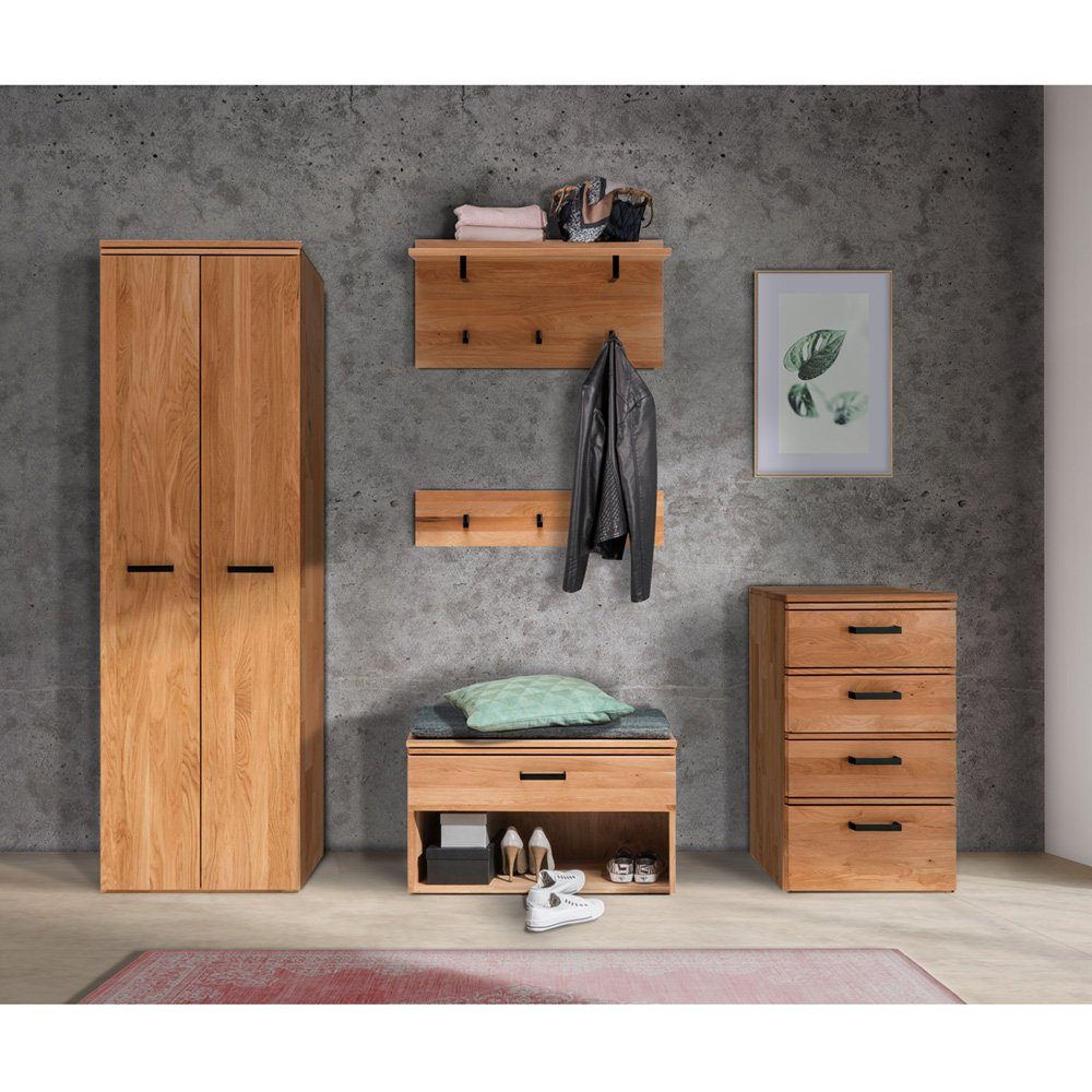 Lomadox Garderobenpaneel LEUNA-64, Wildeiche massiv geölt, Haken und Kleiderstangen aus Metall