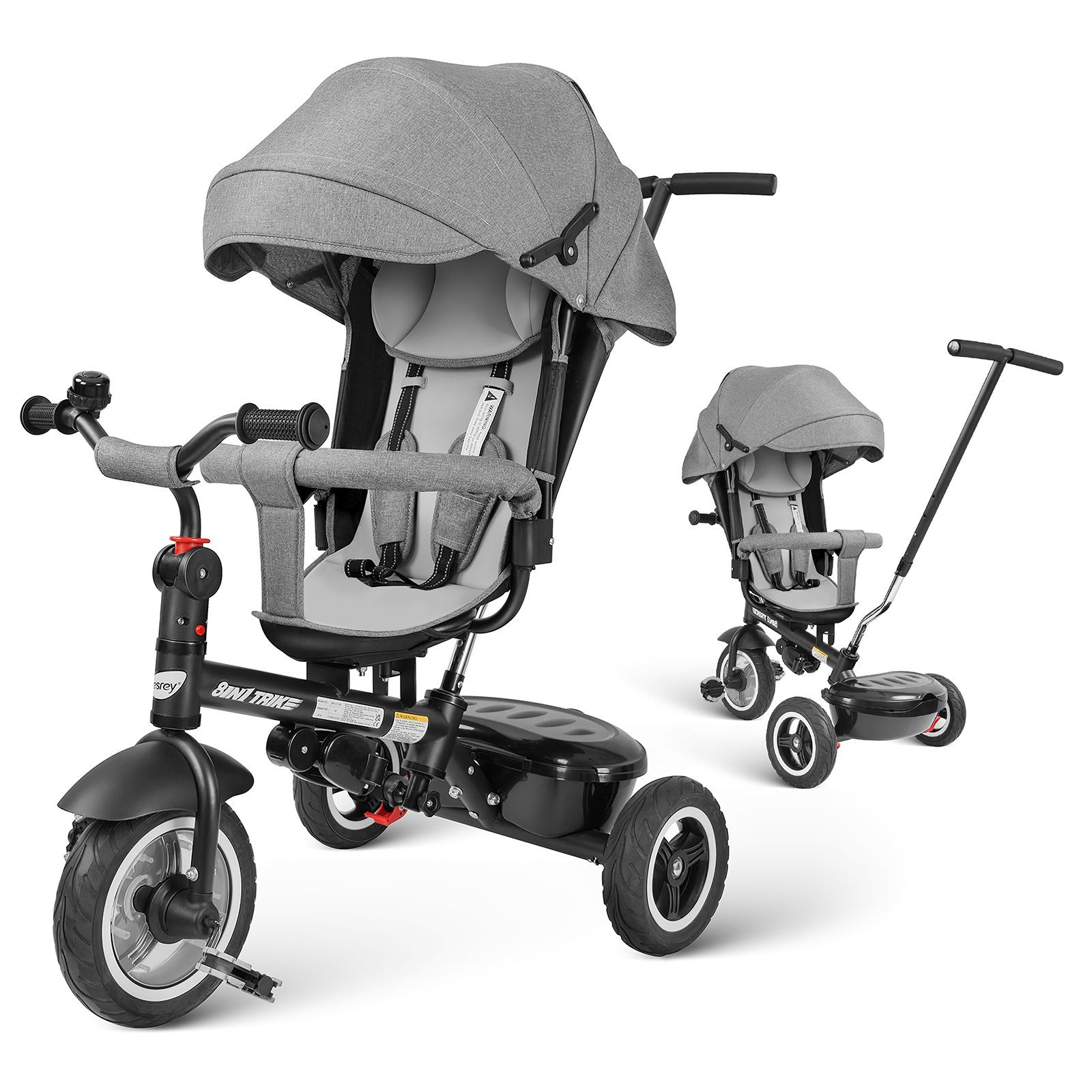 besrey Dreirad-Kinderwagen 7-in-1 Kinder Dreirad 360° drehbar Sitz und verstellbarer Rücklehne, All-Terrain-Räder aus Gummi, Freilauffunktion