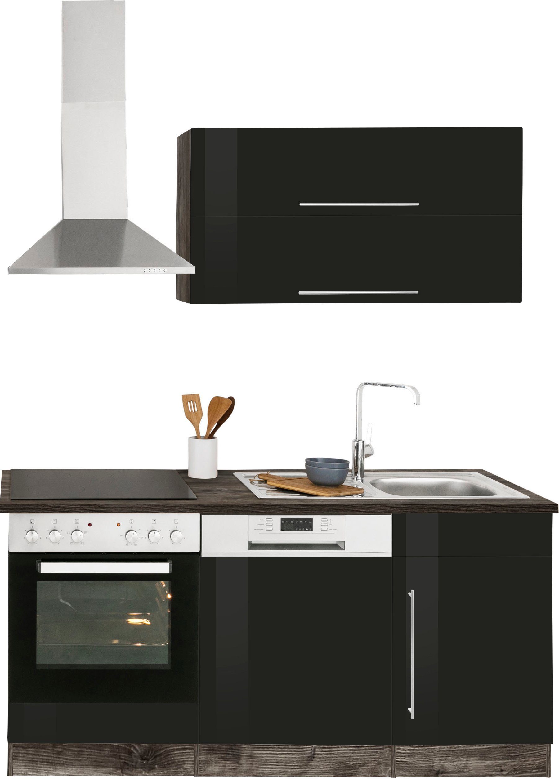 HELD MÖBEL Küchenzeile Samos, mit E-Geräten, Breite 170 cm schwarz Hochglanz/Eiche vintage | Eiche vintage