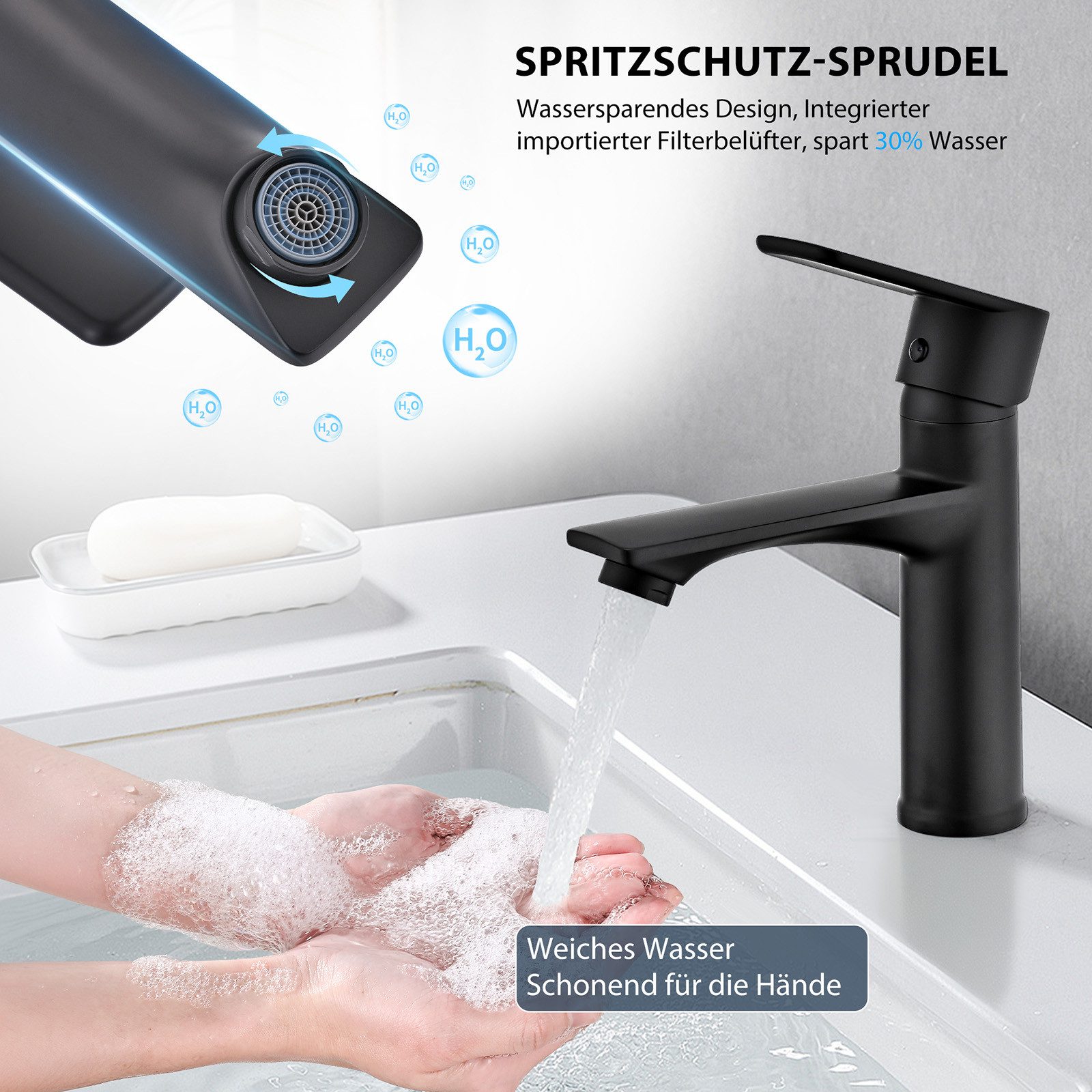HOMELODY Waschtischarmatur Einhebelmischer Badarmatur schwarz 360° drehbar Wasserhahn (1-St., Mischbatterien Armatur für Küche) Hochwertig, langlebig, 360° drehbar, Keramikkartusche, modernes Design