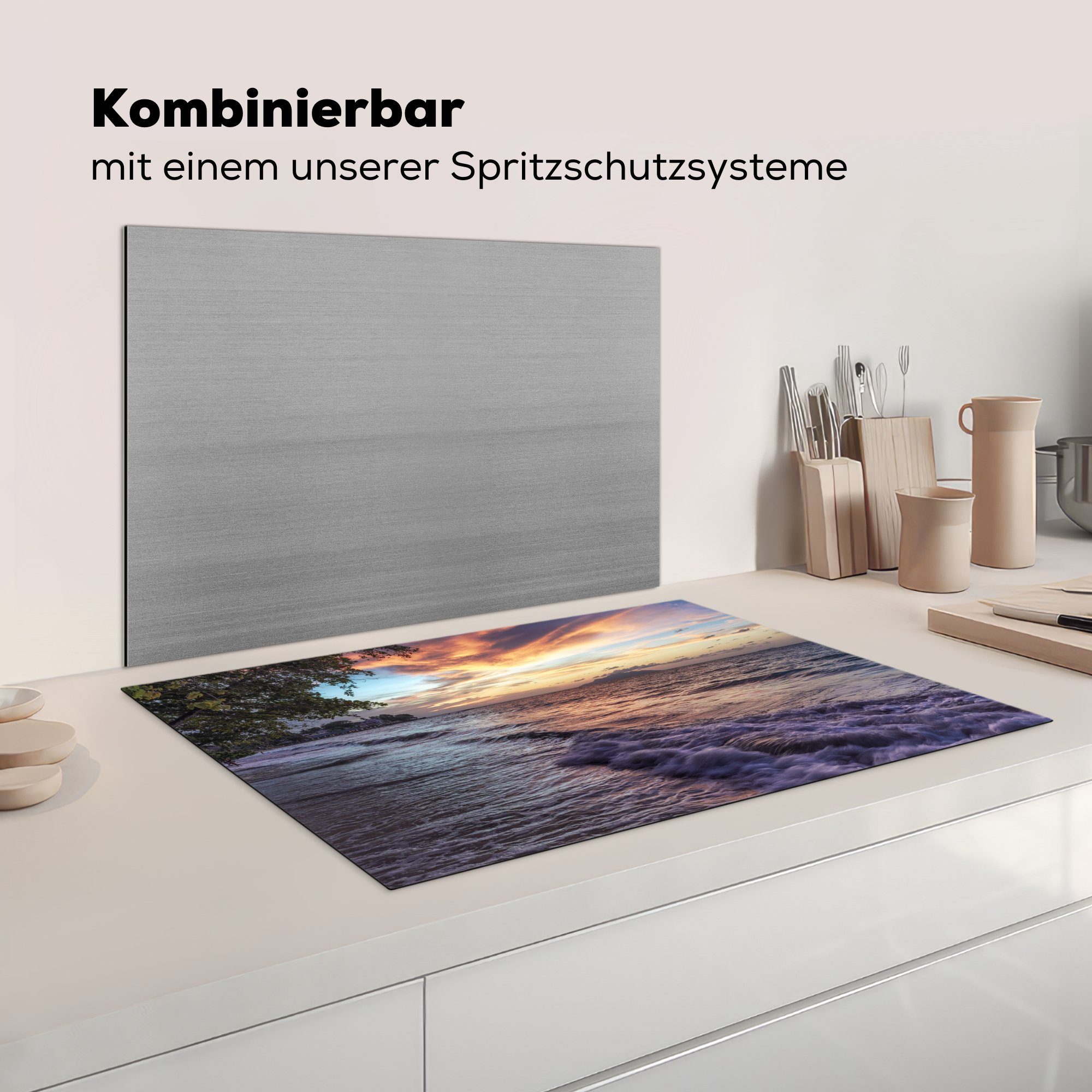 (1 küche, tlg), Induktionskochfeld Sonnenuntergang Vinyl, die Seychellen, für auf den cm, Herdblende-/Abdeckplatte 81x52 MuchoWow Schutz Ceranfeldabdeckung