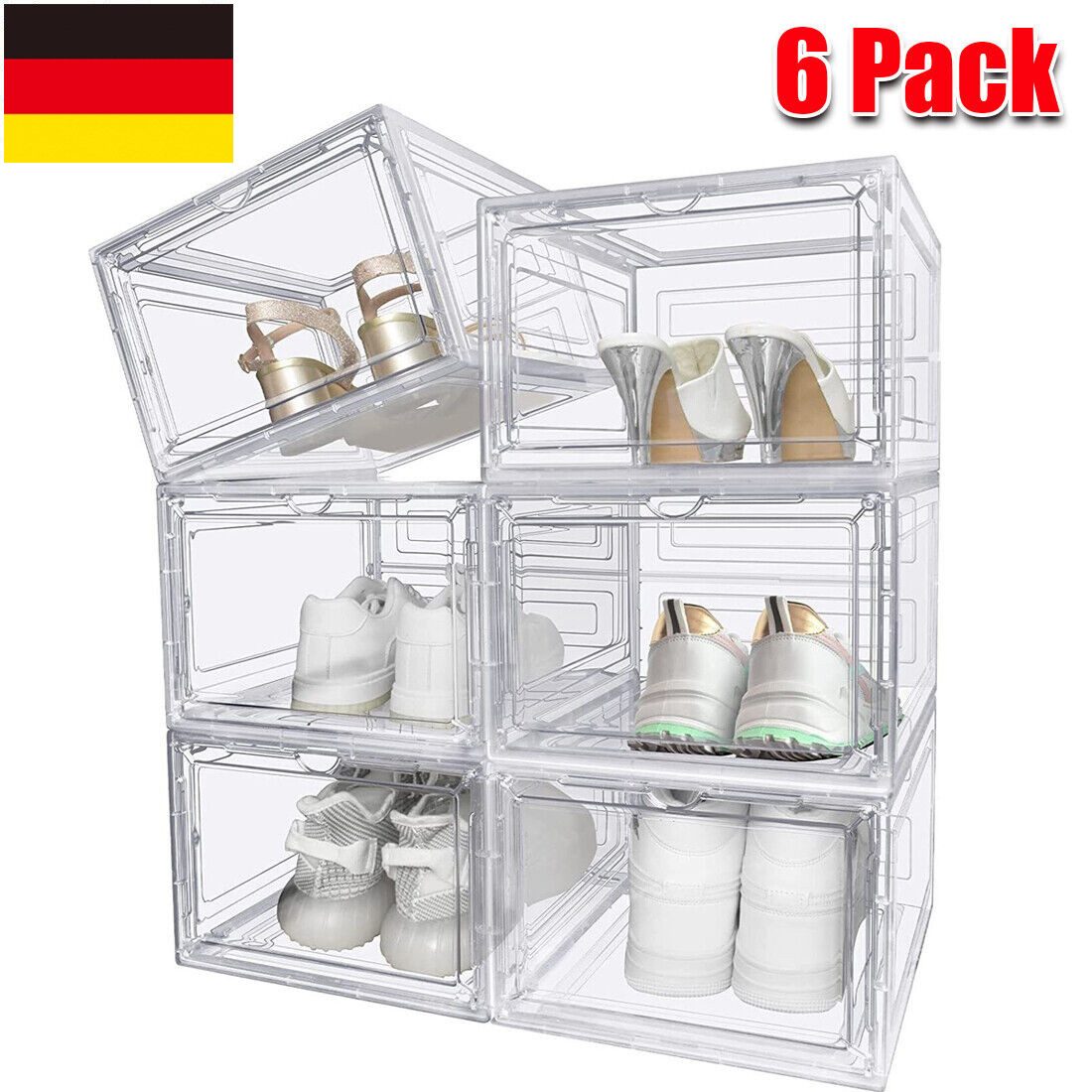 Fine Life Pro Schuhschrank Schuhboxen, 6 Stück, transparent stapelbar, für Schuhaufbewahrung
