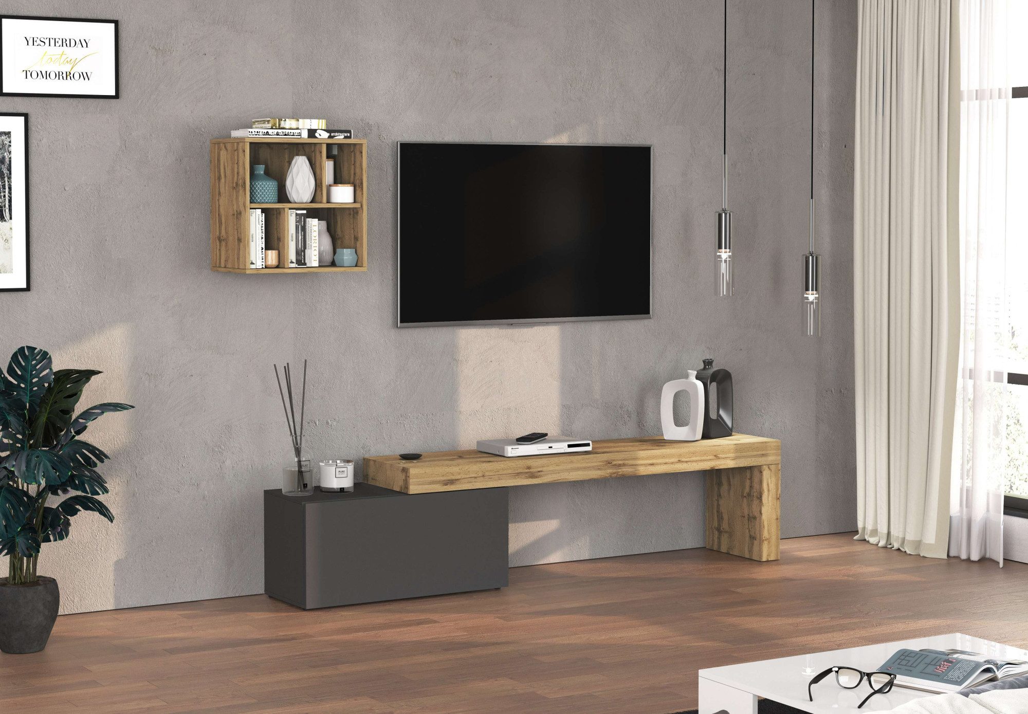 OTTO home TV-Wand Chronos TV-Set, Wohnwand – Elemente frei platzierbar, Made in Italy, (Set, 2-St., 2-er set), Lowboard Breite 220 cm, Hängeregal Breite 50 cm, Made in Italy