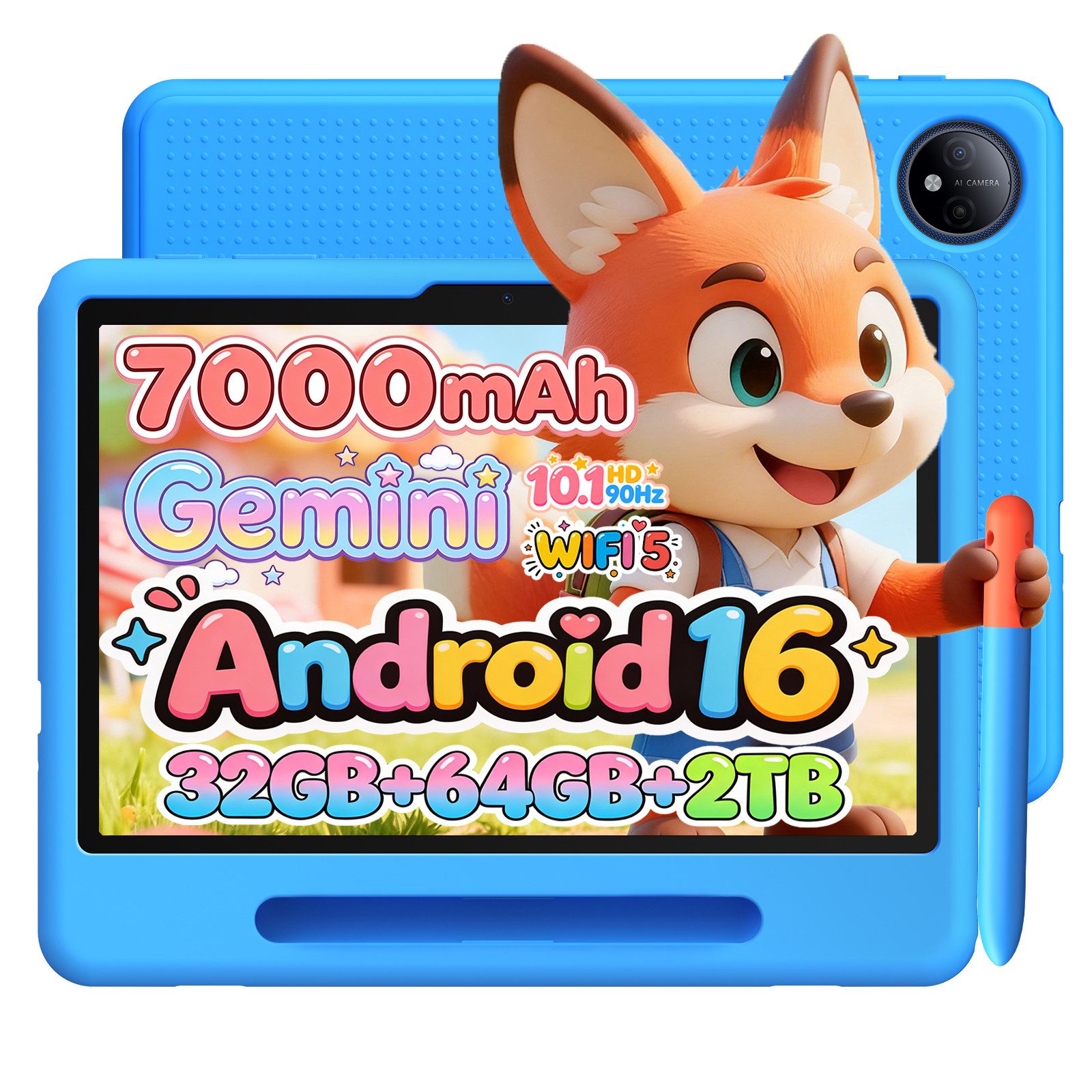 Aorlym AP10 Kid Kinder Tablet 10 Zoll, Android 16, 90Hz, Gemini AI, 64GB ROM Tablet (10.1", 64 GB, Android 16, WiFi, 7000mAh, WiFi5, OTG, Face ID, Tablet mit Kinderschutzhülle und Stift)