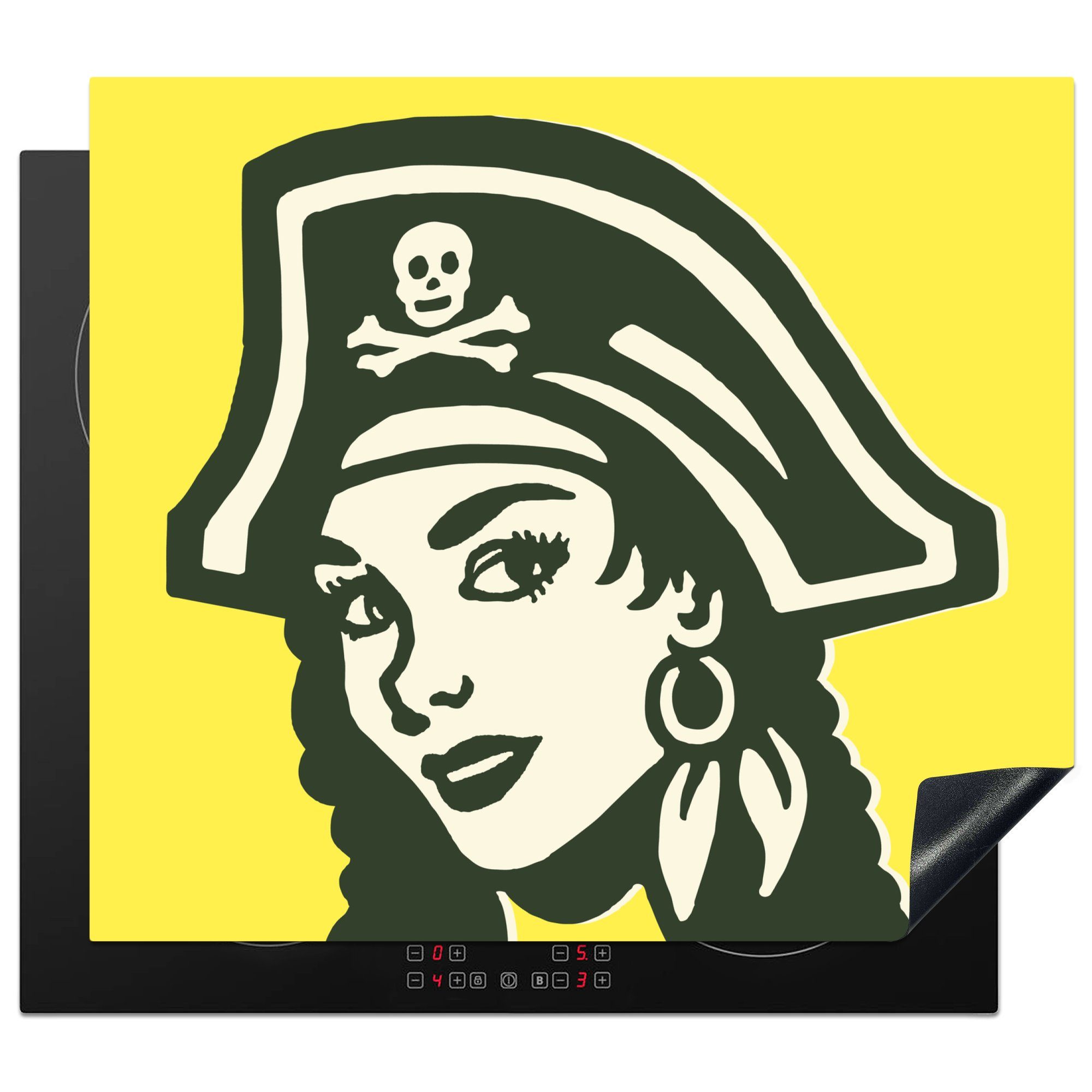 MuchoWow Herdblende-/Abdeckplatte Kinderillustration einer Piratenfrau auf gelbem Hintergrund, Vinyl, (1 tlg), 60x52 cm, Mobile Arbeitsfläche nutzbar, Ceranfeldabdeckung