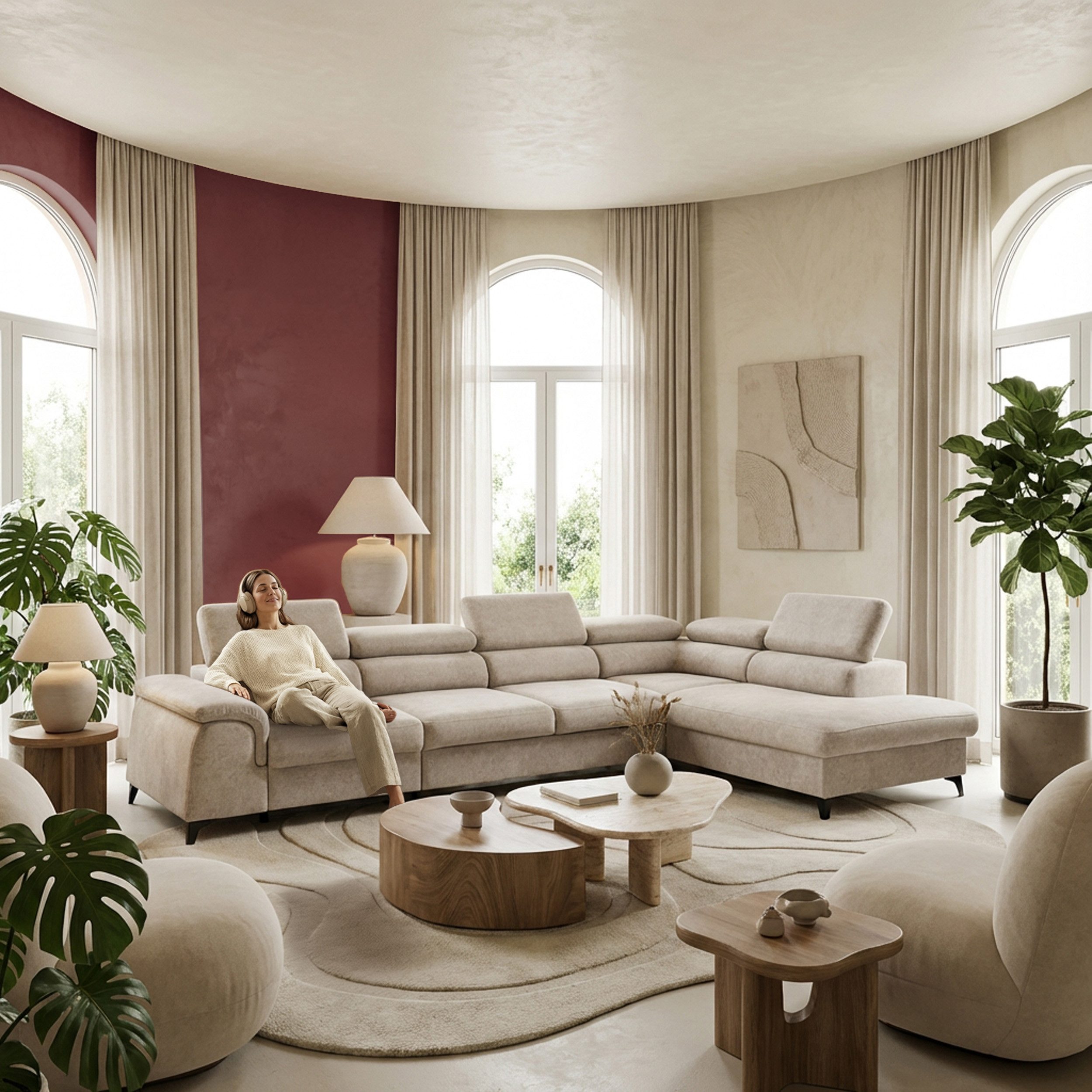 Muffo Ecksofa Plaza Maxi, Modernes Große sofa L-form mit Schlaffunktion und Verstellbare Kopfstützen Metallfüße, elegante einfache Form