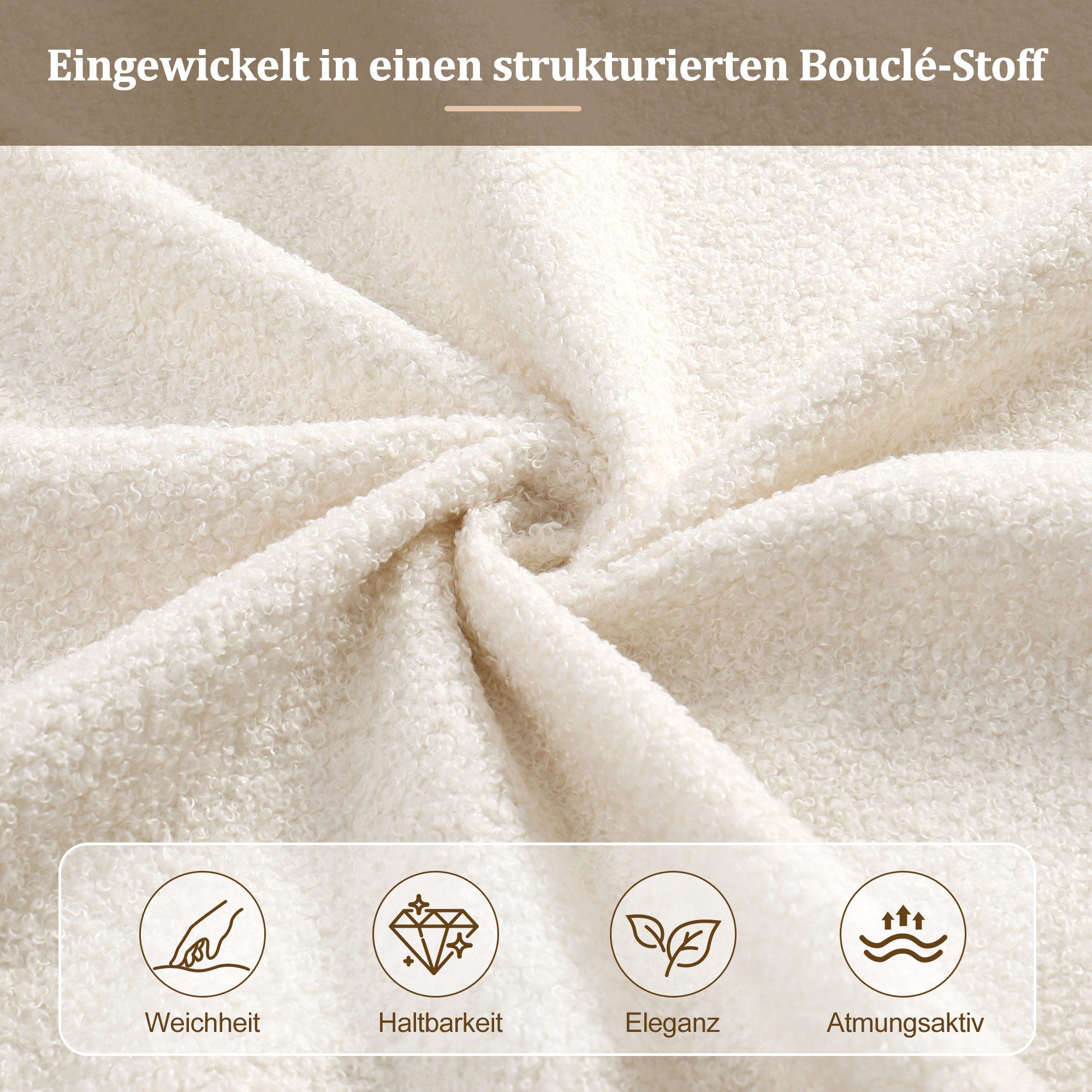 i@home Einzelbett Polsterbett, Kinderbett, 90x200 cm Bouclé Samt beige, gepolstertes Kopfteil, abgerundete Ecken