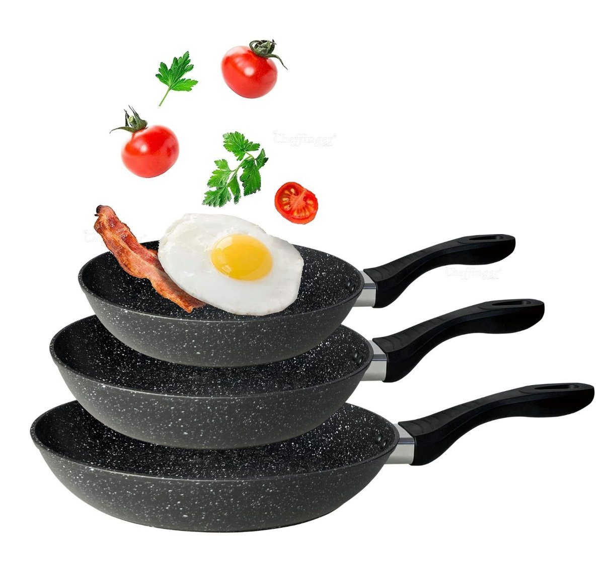 3er 3-tlg) Gastronomie Cheffinger Gratis, Induktion Pfannen Pfanne Marmor Bratpfanne Pfannen-Set Set Aluminium (Set,