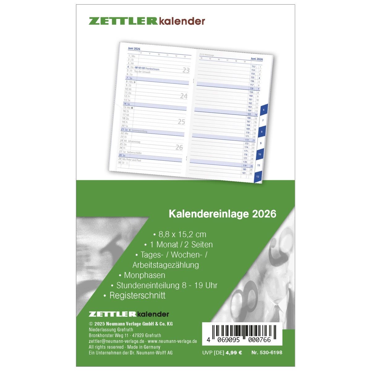 ZETTLER Taschenkalender Kalenderersatzeinlage 530 8,8x15,2cm für Taschenplaner 1 Monat/2 Seite