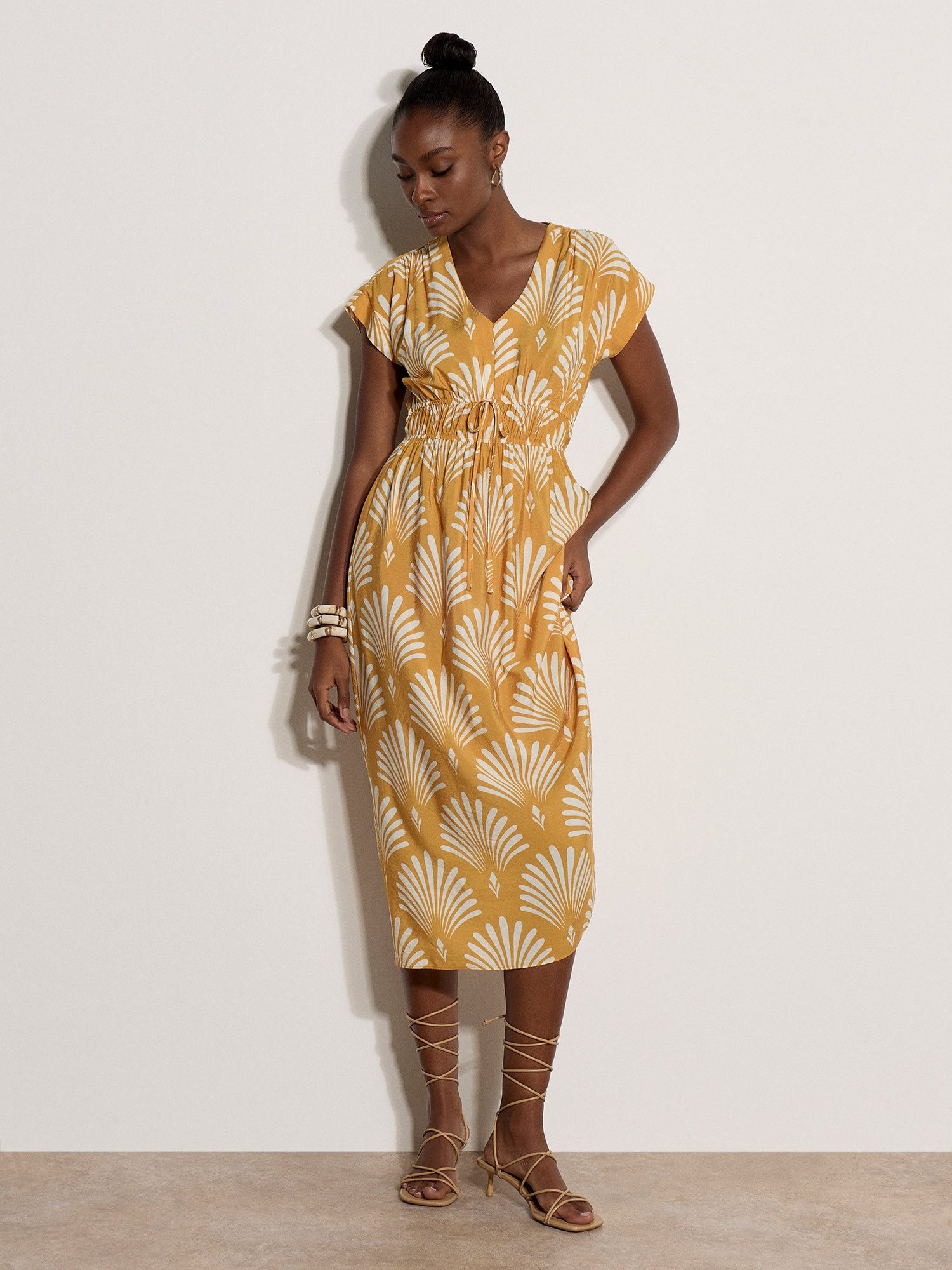 Apricot Midikleid Midaxi-Kleid mit Fächerprint mit Bindeband