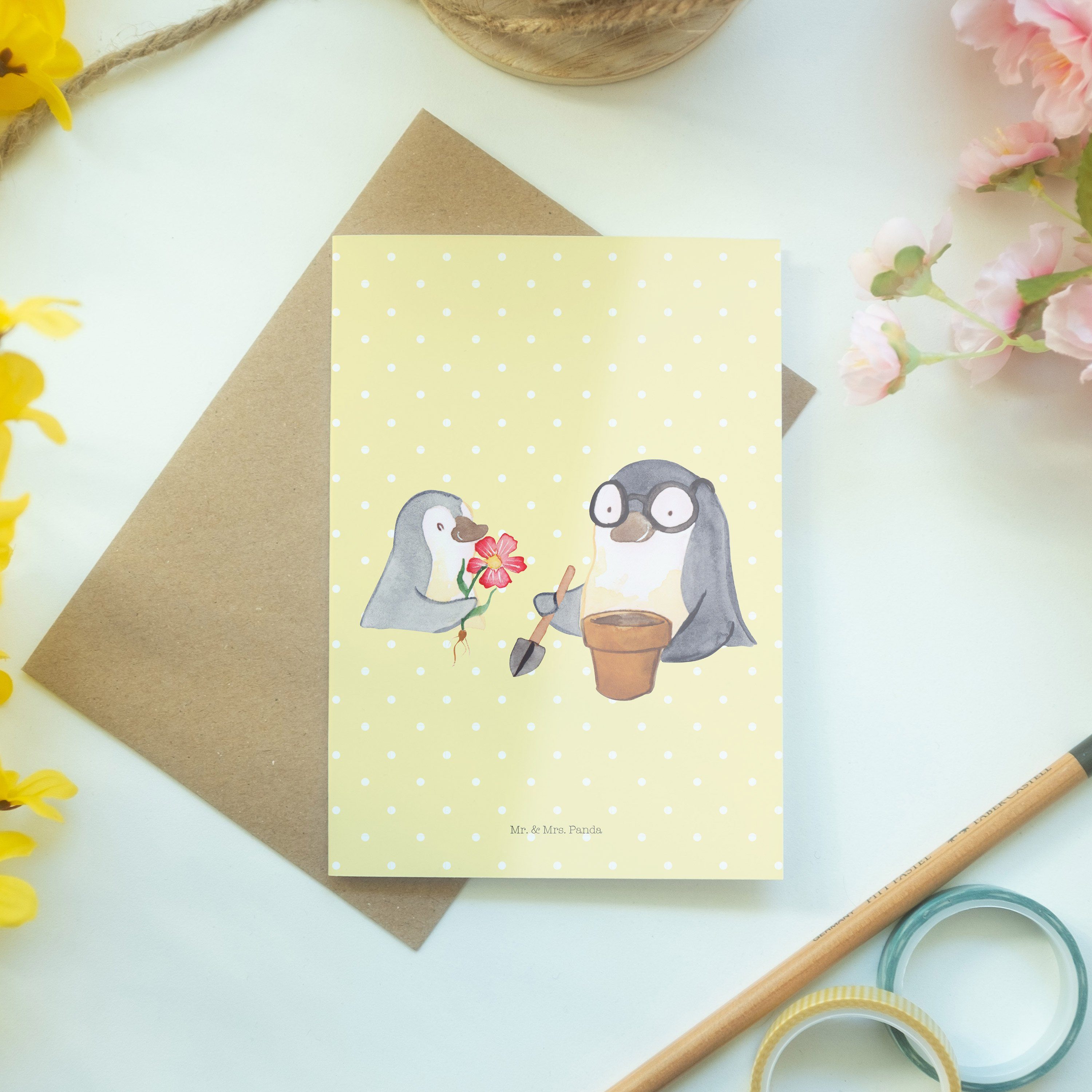 & Geschenk, - Gelb Mr. Pastell Panda Mrs. Pinguin Grußkarte Glüc pflanzen Vatertag, Opa Blumen -