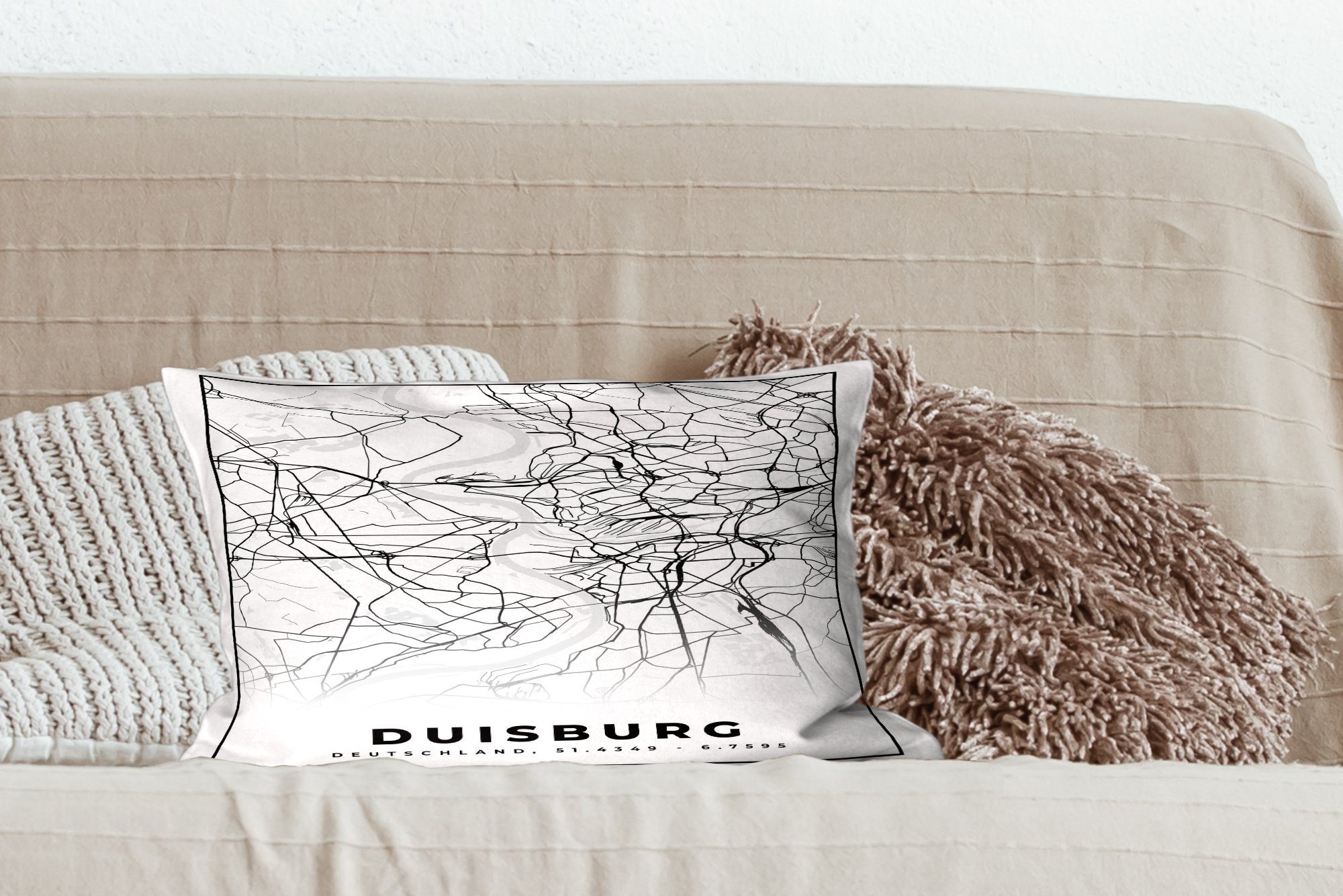 Füllung, - Schlafzimmer Dekokissen - Dekoration, mit Wegbeschreibung, Dekokissen Karte MuchoWow Zierkissen, Wohzimmer Stadtplan - Duisburg