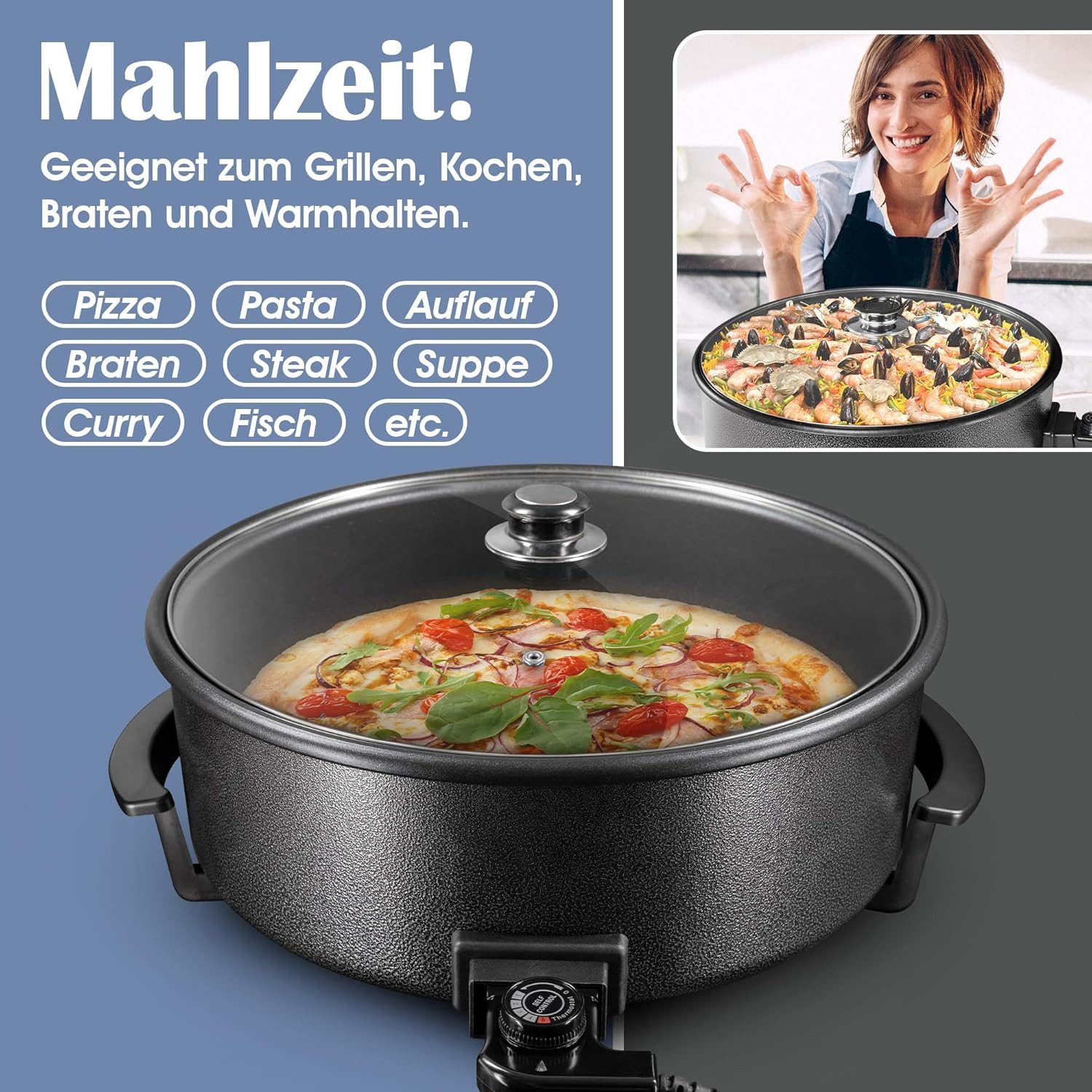 T24 Elektrische Pizzapfanne elektrische Pizzapfanne 42 cm/Grillpfanne/Elektropfanne/Pizzaofen, 1500,00 W, elektrische Pfanne, Pizzaofen, Paella Pfanne