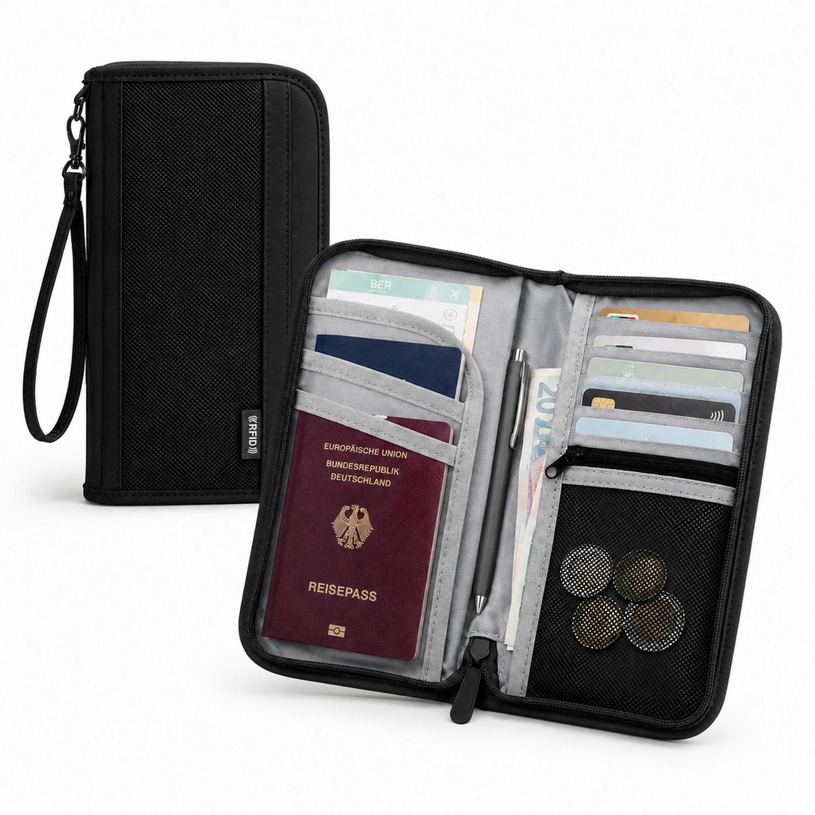 VERCO Dokumententasche RFID Schutz Reisepasshülle mit Kartenfächern, Reisebrieftasche mit Münzfach Handschlaufe Stifthalter Organizer